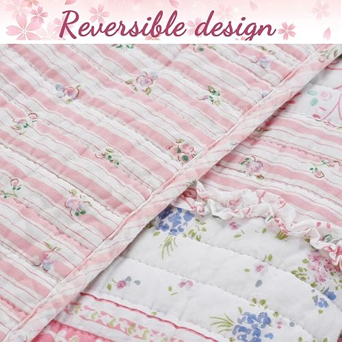 Miniatura 3 de Cozy Line Home Fashions - Juego de ropa de cama reversible de 100 % algodón con diseño de flores rosadas, encaje rosa, 2 piezas 1 edredón + 1 funda)