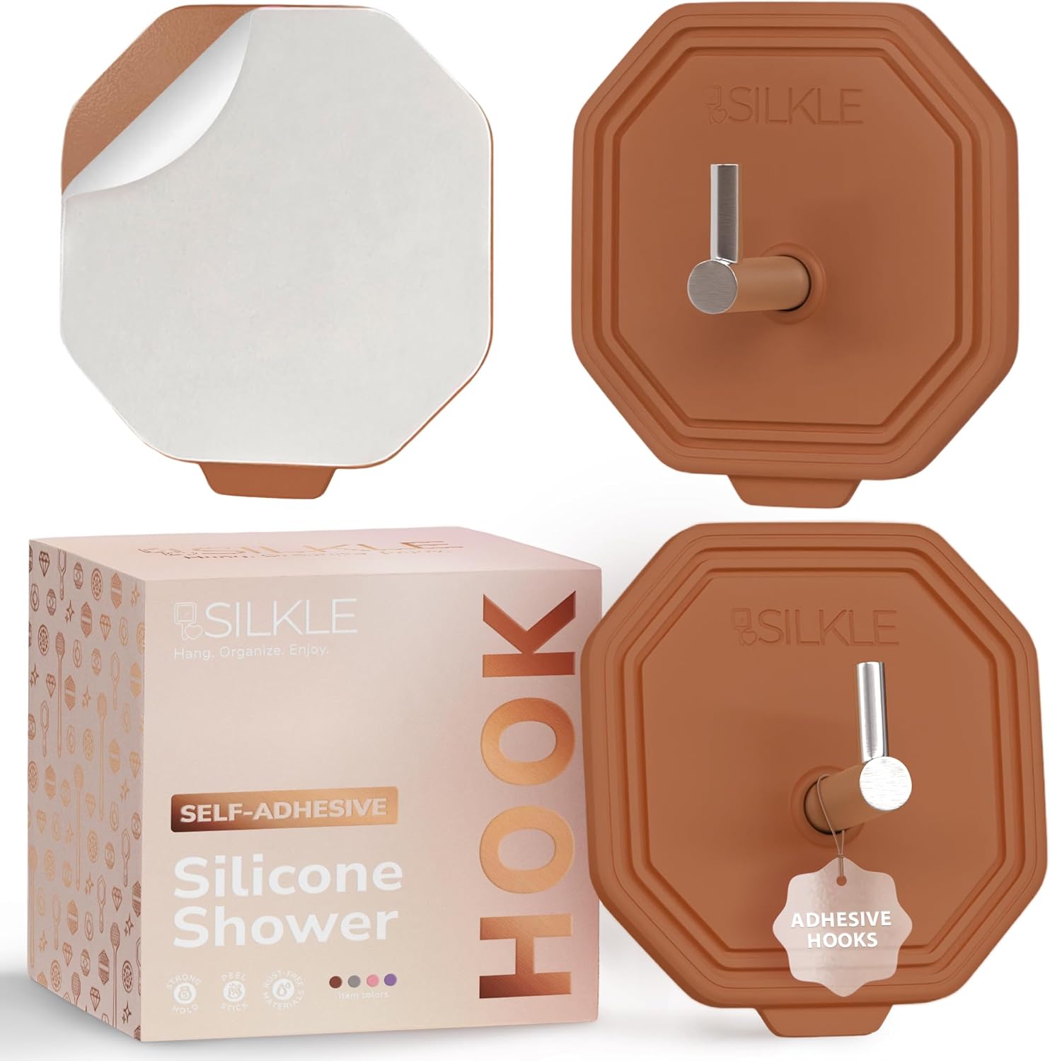 SILKLE Adhesive Silicone Shower Hooks - Adhesive Wall Hooks & Towel Holder for Bathroom, Tile, Glass, No-Drill, Waterproof & Rustproof, Heavy-Duty Stainless Steel, Damage-Free Removal - 2 Pack, Pink