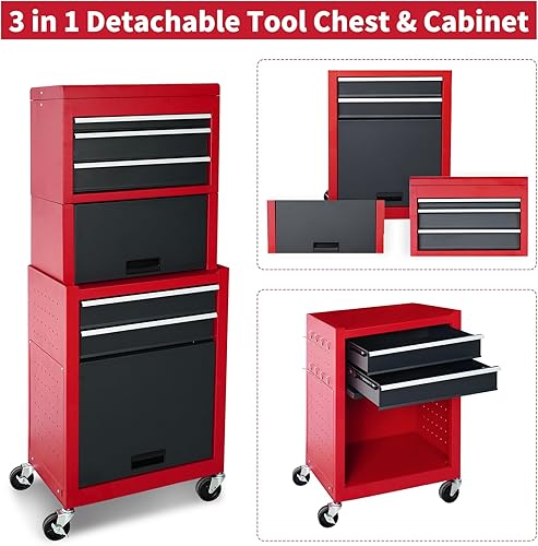 Miniatura 4 de Caja de herramientas rodante, caja de herramientas de metal desmontable 3 en 1 con ruedas y cajones, caja de herramientas de alta capacidad, cajones