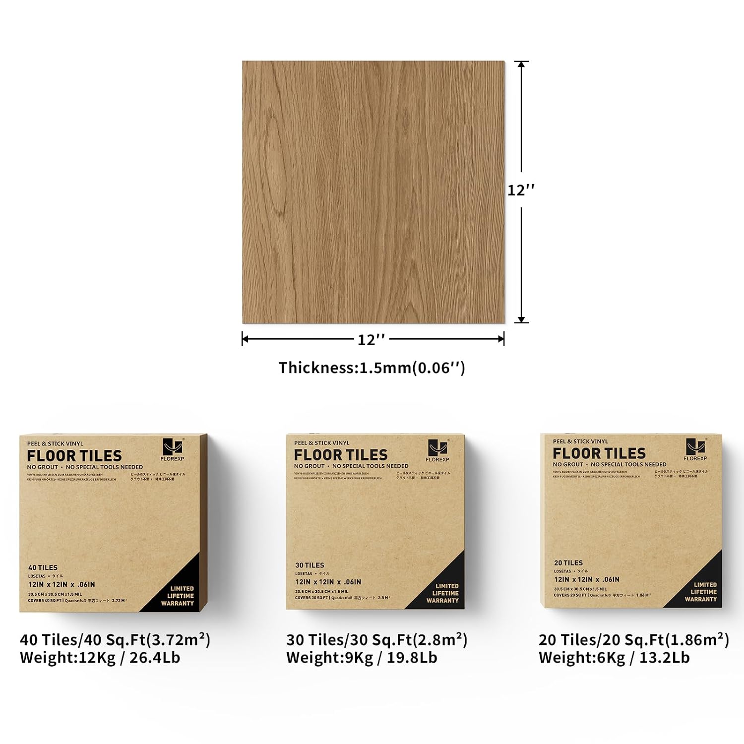Vinyl Flooring - 12×12 inch Floor Tiles, 20 Packs Stick on Floor Tiles, 1.5mm Thick,DIY Decoration of Self Adhesive Flooring for Dining Room, Kitchen,Bathroom(1.86m²,Light Brown Wood)