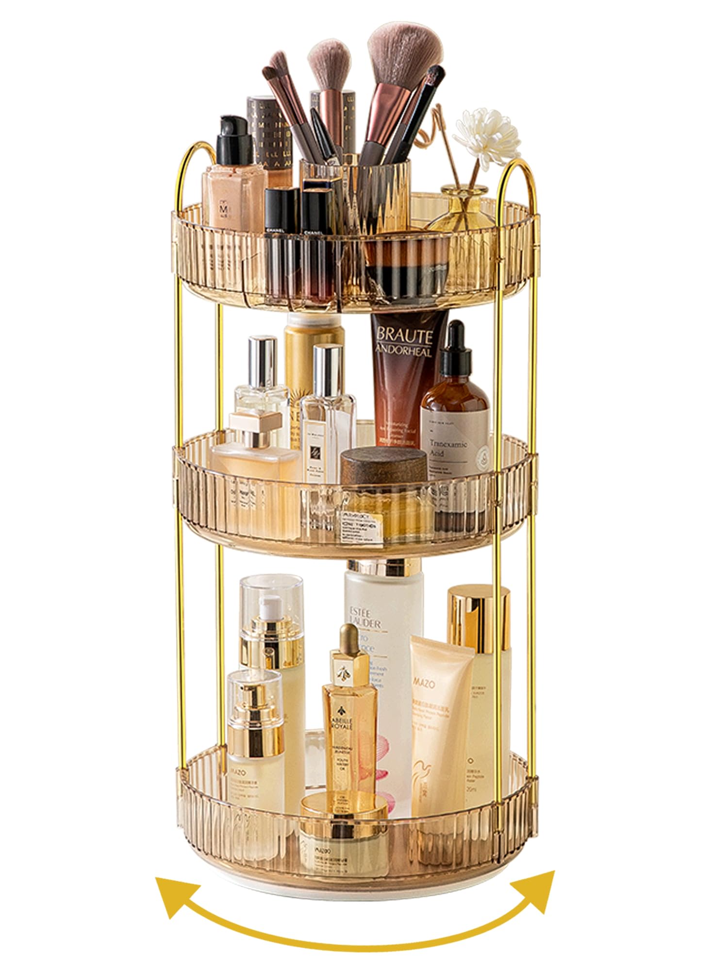Asayuee 360 Rotating Makeup Organizer,3 Tier Large Capacity Make Up Organizers and Storage,Skincare Perfume Vanity Organizers,Bathroom Cosmetics Storage Organizer Countertop(Gold)
