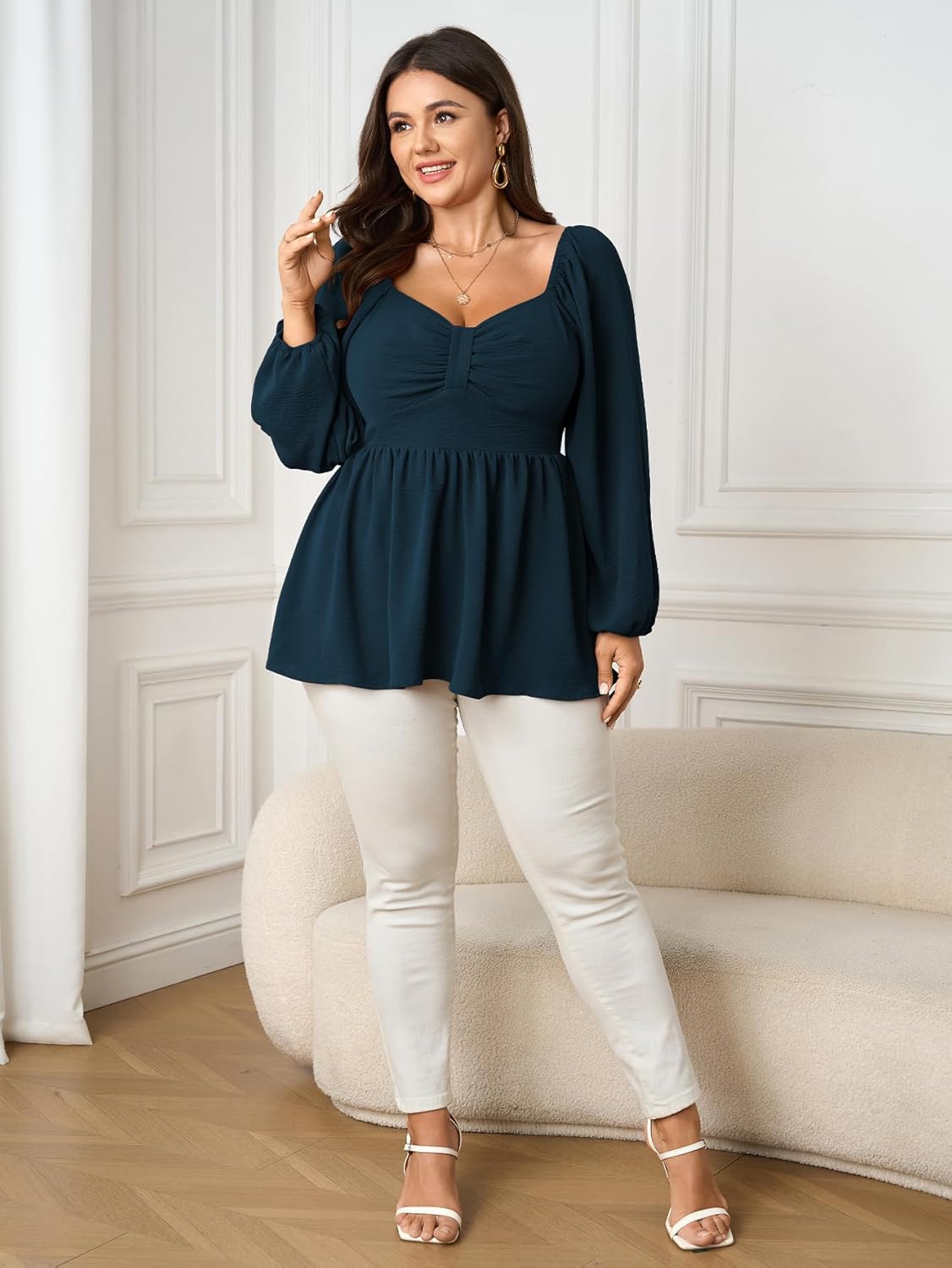 SCOMCHIC Women's Plus Size Blouses Long Sleeve Sweetheart Neckline Babydoll Ruffle Peplum Smocked Cute Casual Fall Tops - Image 4