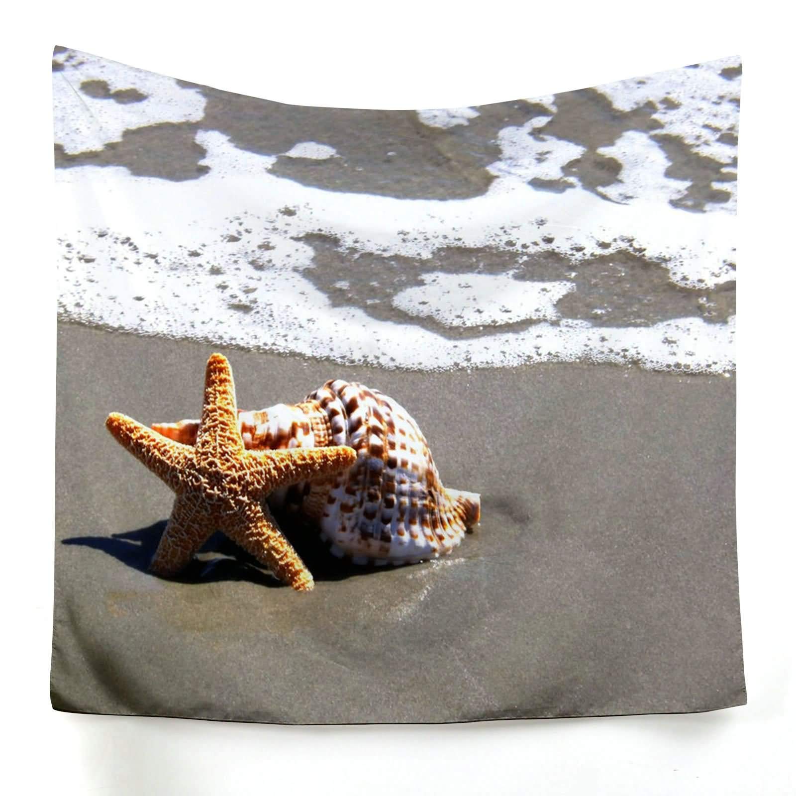 Tapisserie murale plage et étoile de mer marron toile imprimée mode 200x150 cm