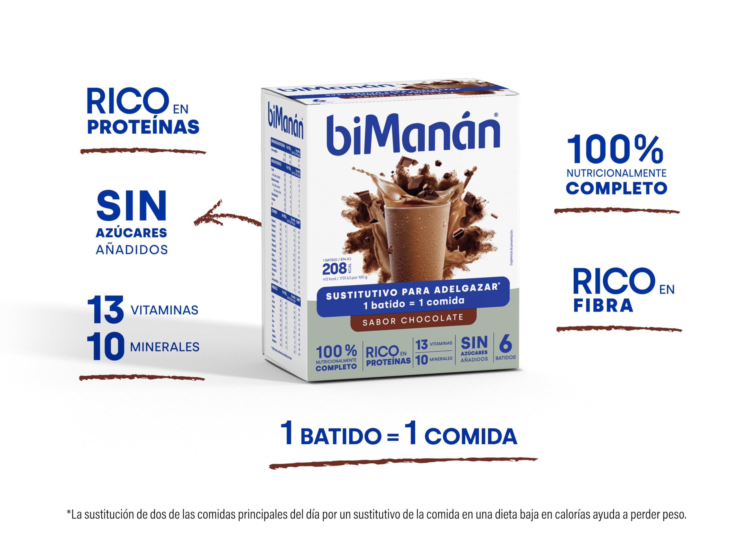 biManán - Batido de Chocolate, Batidos Sustitutivos de Comidas para Adelgazar, Bajos en Calorías, Ayudan a Perder y Controlar el Peso, con Proteínas, Vitaminas y Minerales - 6 x 50 g: 300 g