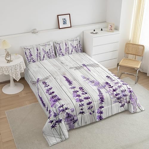 Miniatura 4 de Erosebridal Juego de ropa de cama de libélula para niñas, juego de edredón floral de lavanda para adultos y mujeres, juego de edredón de estilo