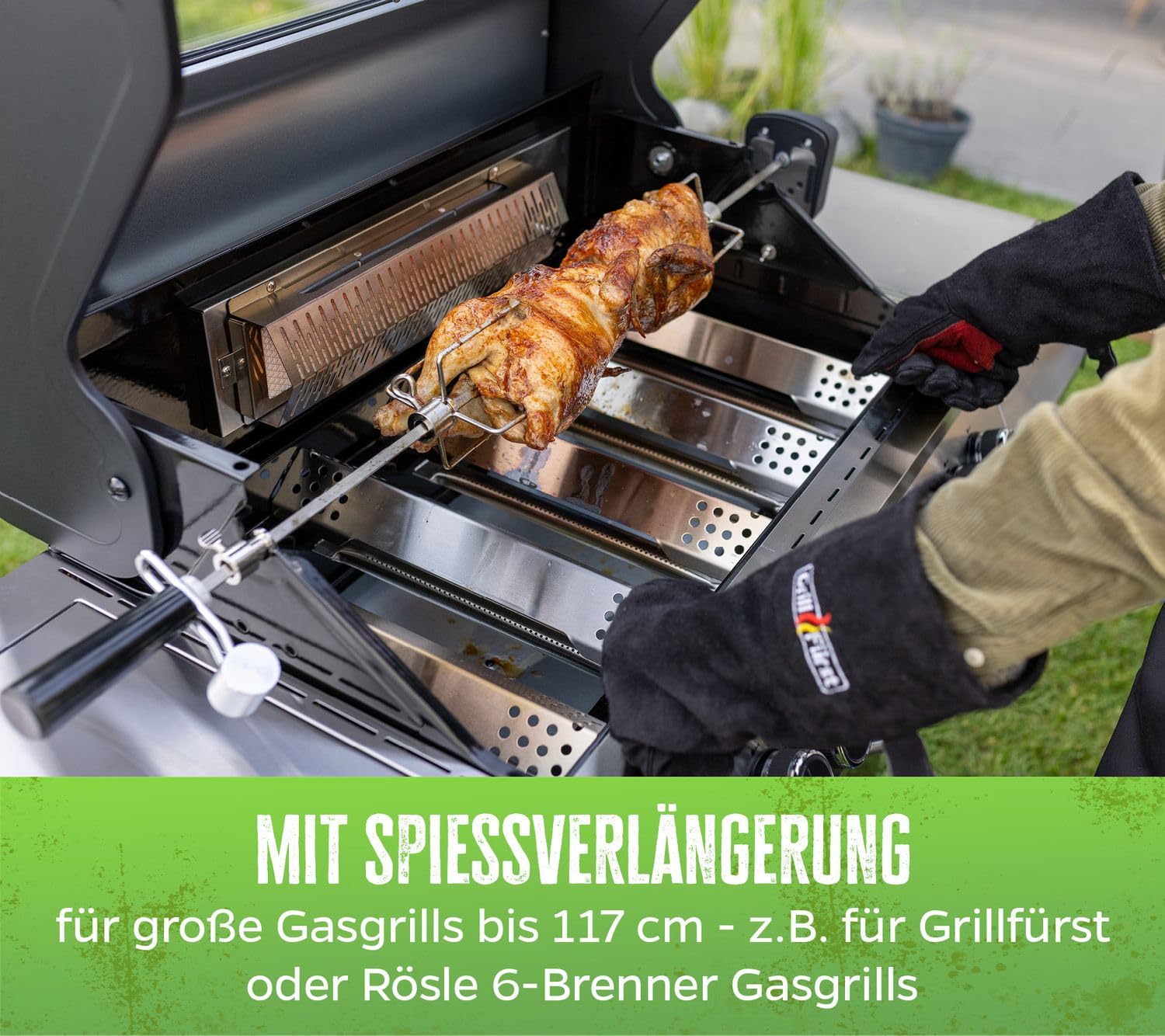Grillfürst Universal Drehspieß - Grillspieß mit Motor für Gasgrill, Rotisserie Set aus Edelstahl inkl. 2 Fleischnadeln, Gesamtlänge: 95 cm