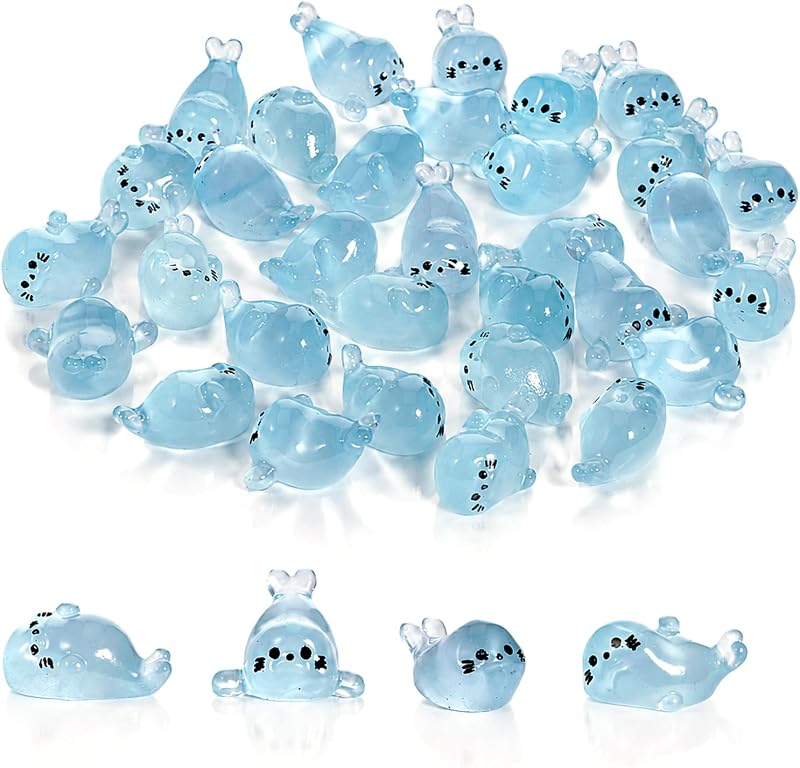 32 Piezas Mini Figuras de Sello de Resina que Brillan en la Oscuridad, 4 Estilos de Animales Luminosos del Océano para Jardín de Hadas, Decoración de Terrario y Acentos de Acuario, Figuras de Resina para Plantas en Macetas Azul