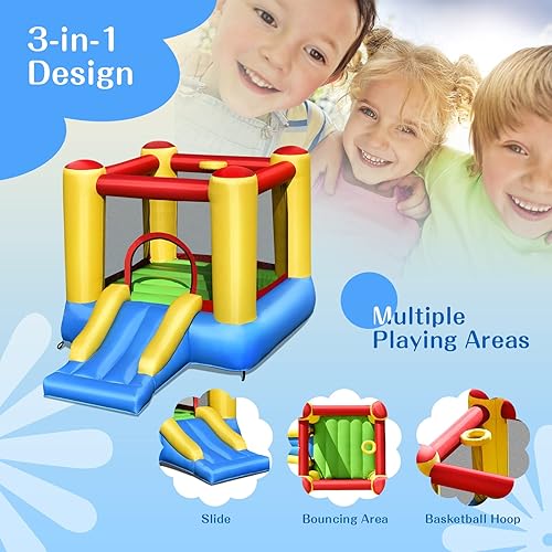 Vista 4 de OLAKIDS Castillo de salto inflable con tobogán, área de rebote, borde de baloncesto, casa hinchable interior y exterior, malla de poliéster