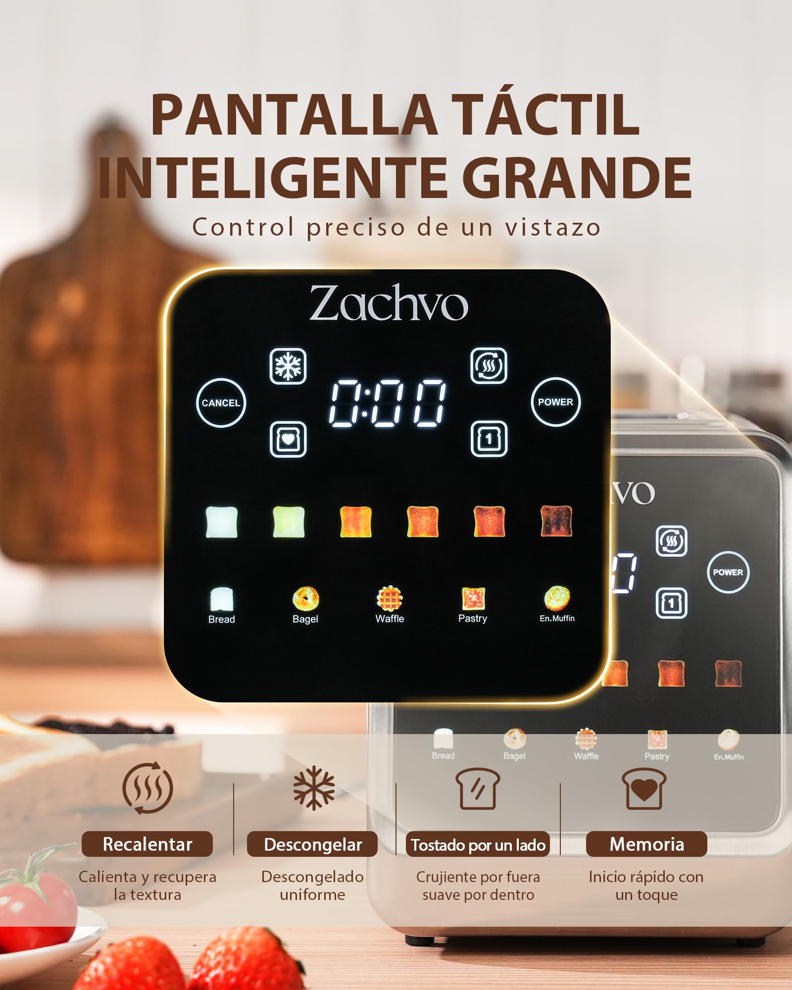 Tostadora de 2 Rebanadas de Acero Inoxidable con Pantalla Táctil Grande, Cuenta Atrás LED y Memoria, Modos Una Rebanada y Bagel, Pinza para Sándwich, Calientapanecillos