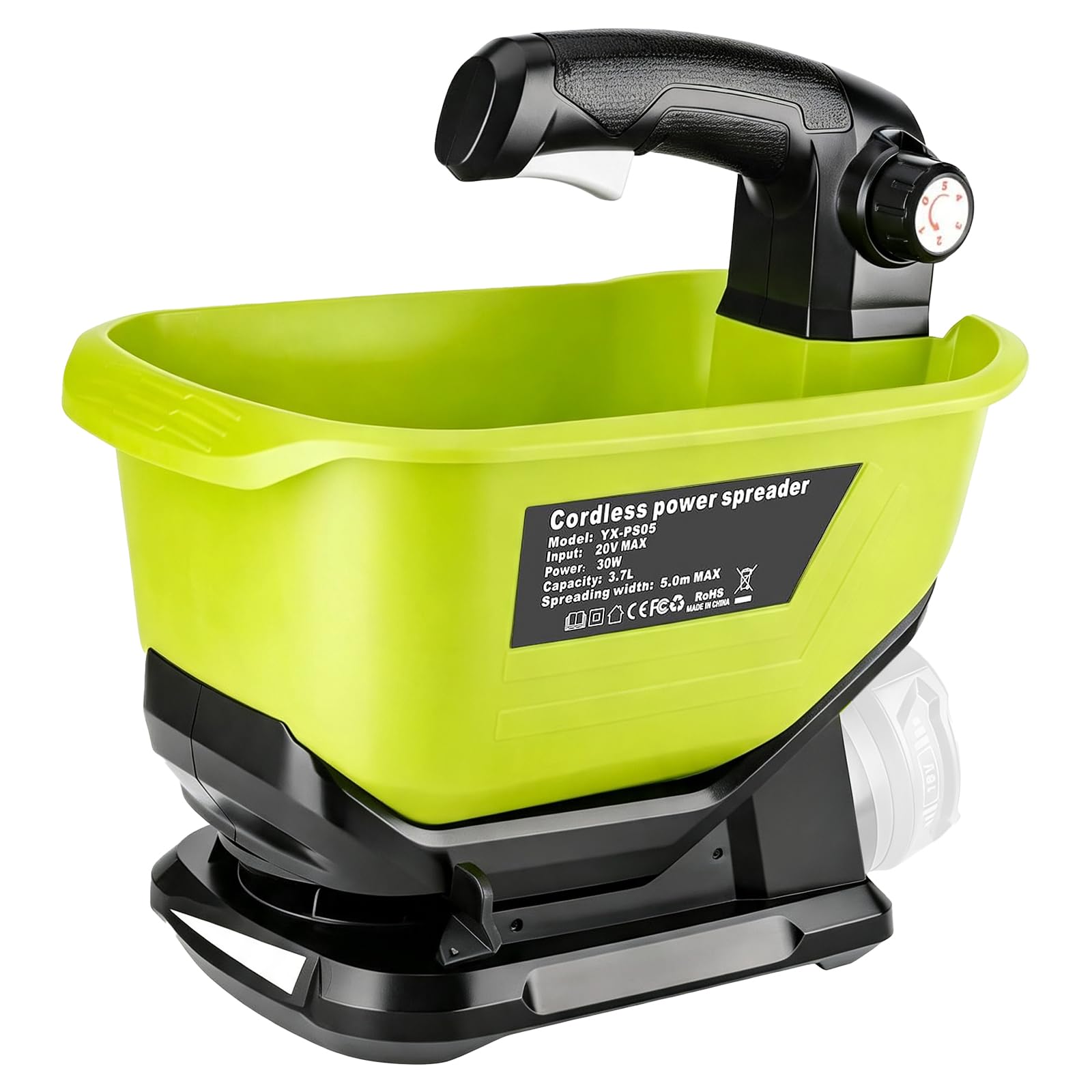 Grassamenstreuer, kompatibel mit Ryobi 18V Akku, 5 Geschwindigkeitsstufen, 3,7 l Fassungsvermögen, verstellbarer Streuwinkel von 140° für Saatgut, Dünger, Salz und Streusalz (ohne Akku) (Green)