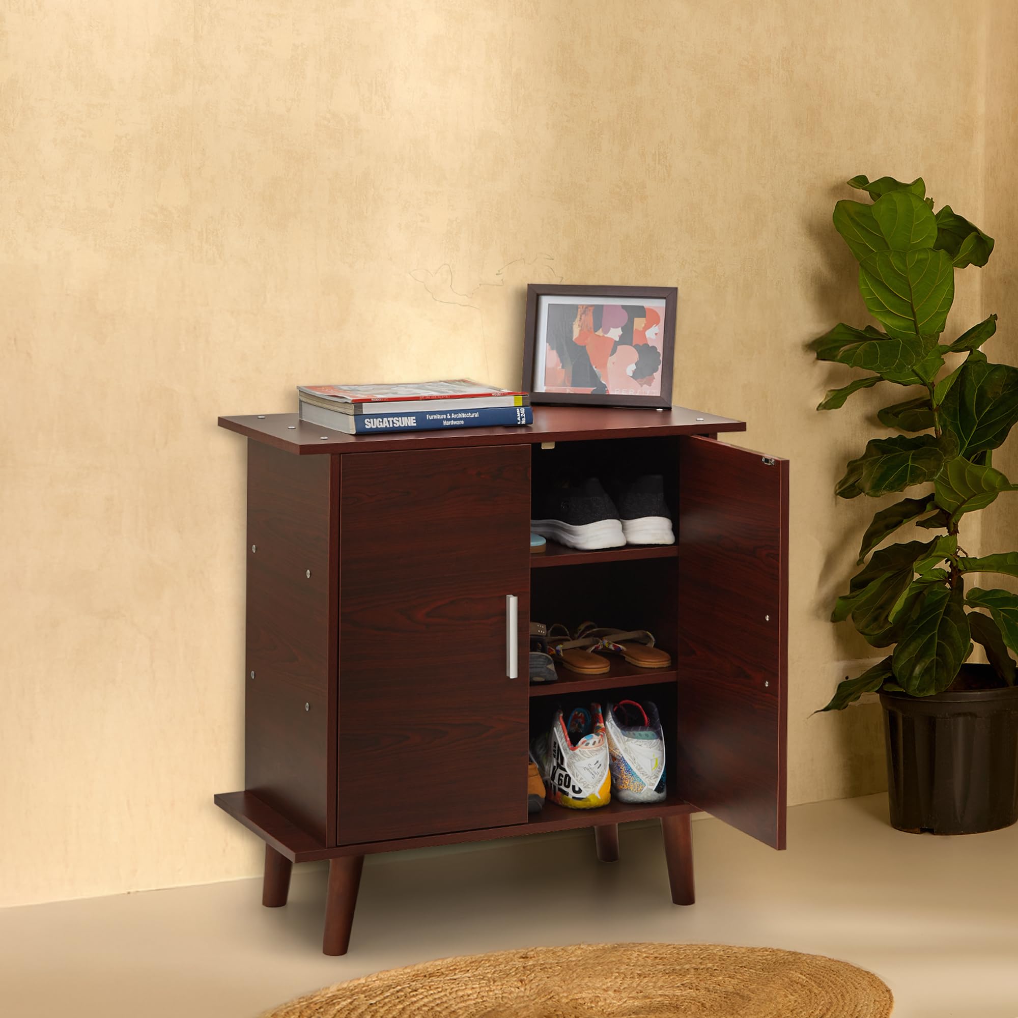 Green Soul Marina Go | Engineered Wood Shoe Rack for Home with Wooden Legs | 3 Shelves, 2 Doors | Store Upto 9 Pair of Shoes | 3 Year Warranty (Rosewood) | Installation Provided-image-42