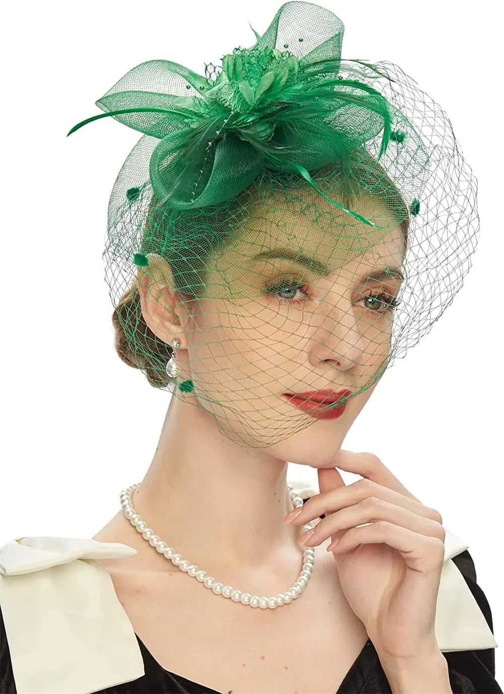 Tocado de Novia para Mujer, Diadema para Fiesta de té, Sombrero de Boda, Velo de Malla con Flores, Tocado (Rojo, Talla única)