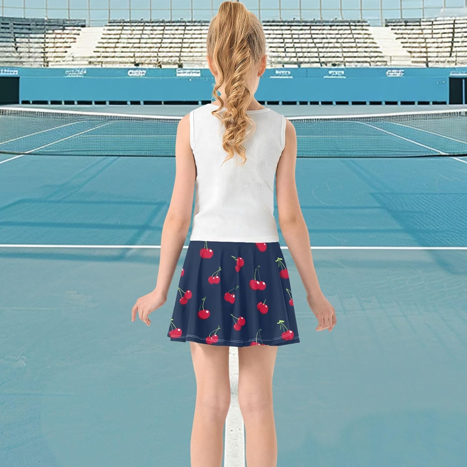 visesunny Vector Double Cherry Girl's Golf Skirt Athletic Tennis Skort Sport Activewear with Double Layer Pockets