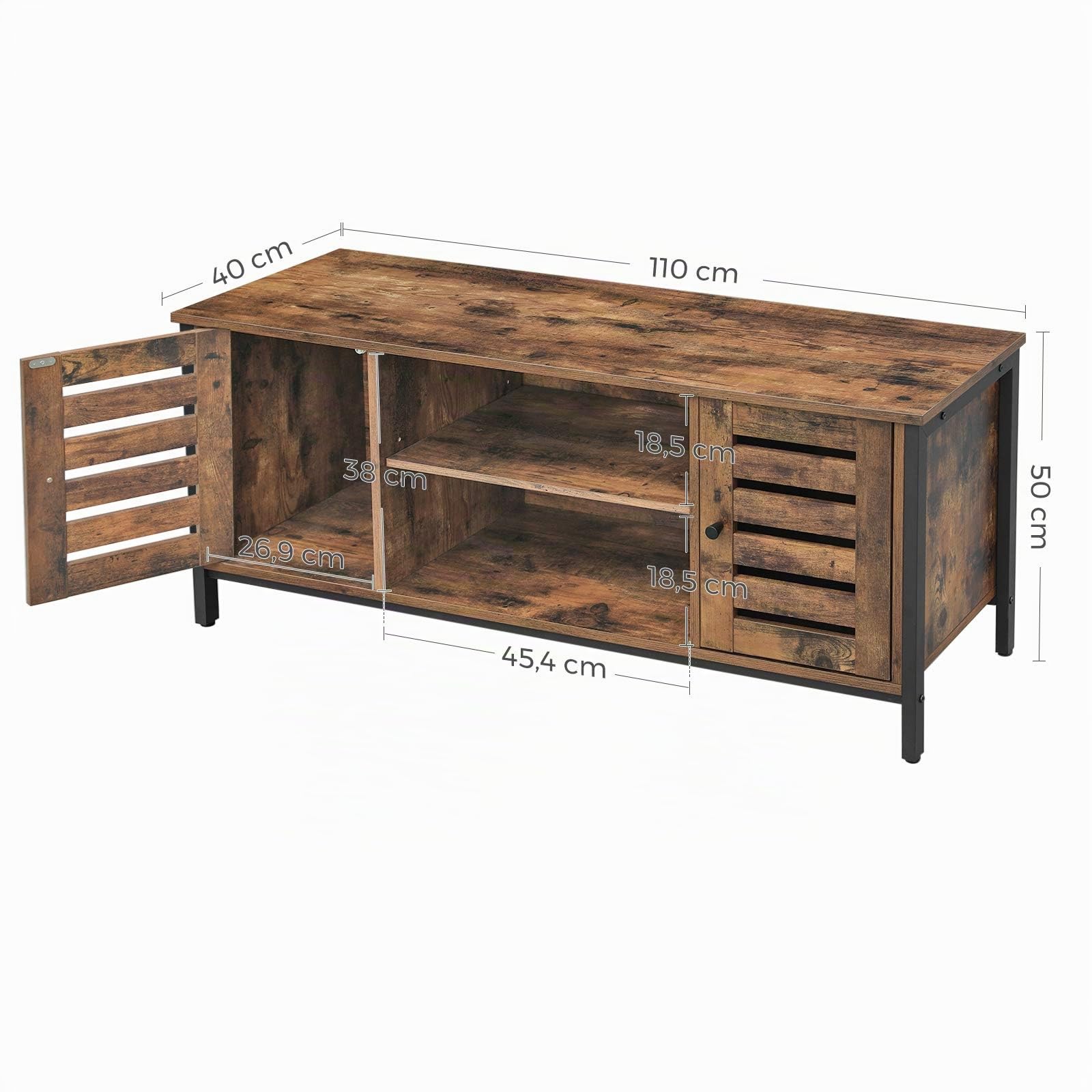 VASAGLE TV-Schrank, Fernsehtisch, Lowboard mit 2 Schränken und 2 Regalebenen, Wohnzimmer, Lamellentüren, Industrie-Design, Vintagebraun-schwarz LTV43BX