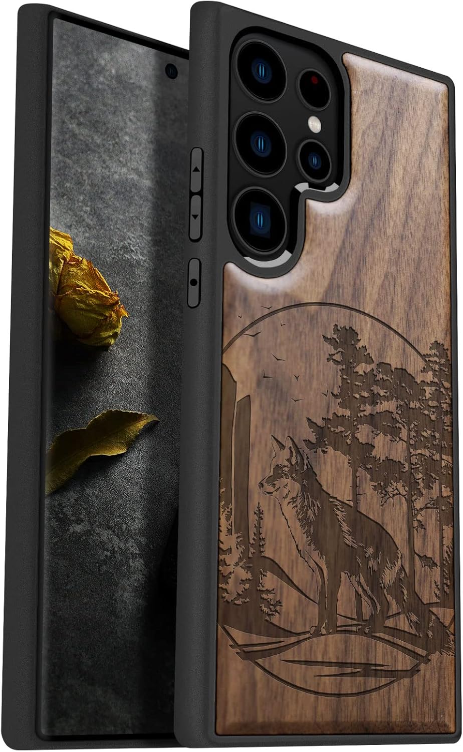 Carveit Wood Case for Galaxy S23 Ultra Case [Natural Wood & Black Soft TPU] Shockproof Protective Cover Unique & Classy Wooden Design Compatible with Samsung S23 Ultra (Fox and Woods-Walnut)