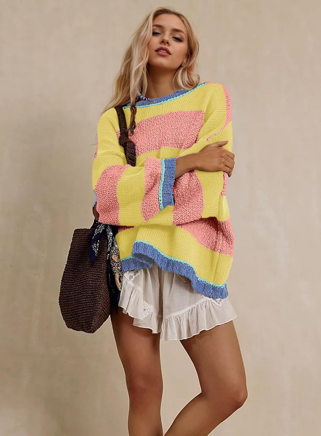 Women's Chunky Knit Striped Sweaters Casual Long Sleeve Crew Neck Oversized Pullover Sweater Winter Fall Spring Tops - Image 2