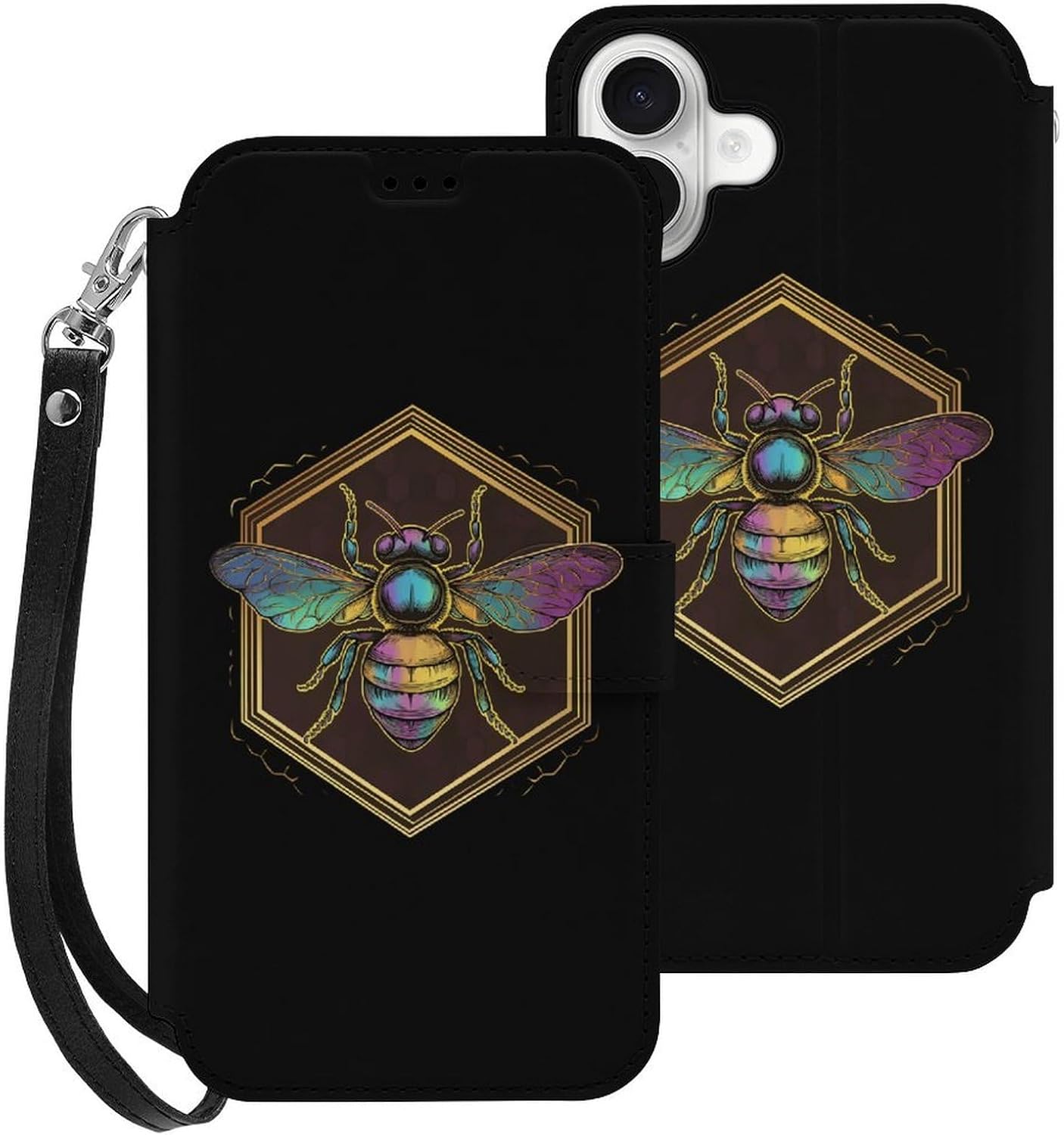 Honeybee Bee King Compatible with iPhone 16/16 Plus/16 Pro/16 Pro Max/16 E Case Phone Wallet Card Holder Flip Cover with Wrist Strap