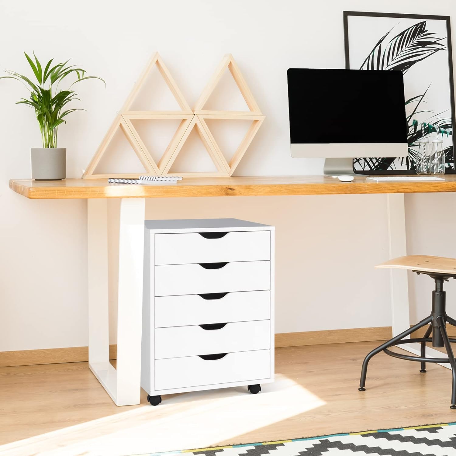 GOPLUS Cajonera con Rueda de Madera, con 5 Cajones, Cajonera Escritorio con Mango, Armario Archivador Móvil de Oficina, Organizador de Archivos con Freno, Gran Capacidad, 49 x 42 x 67cm (Blanco)