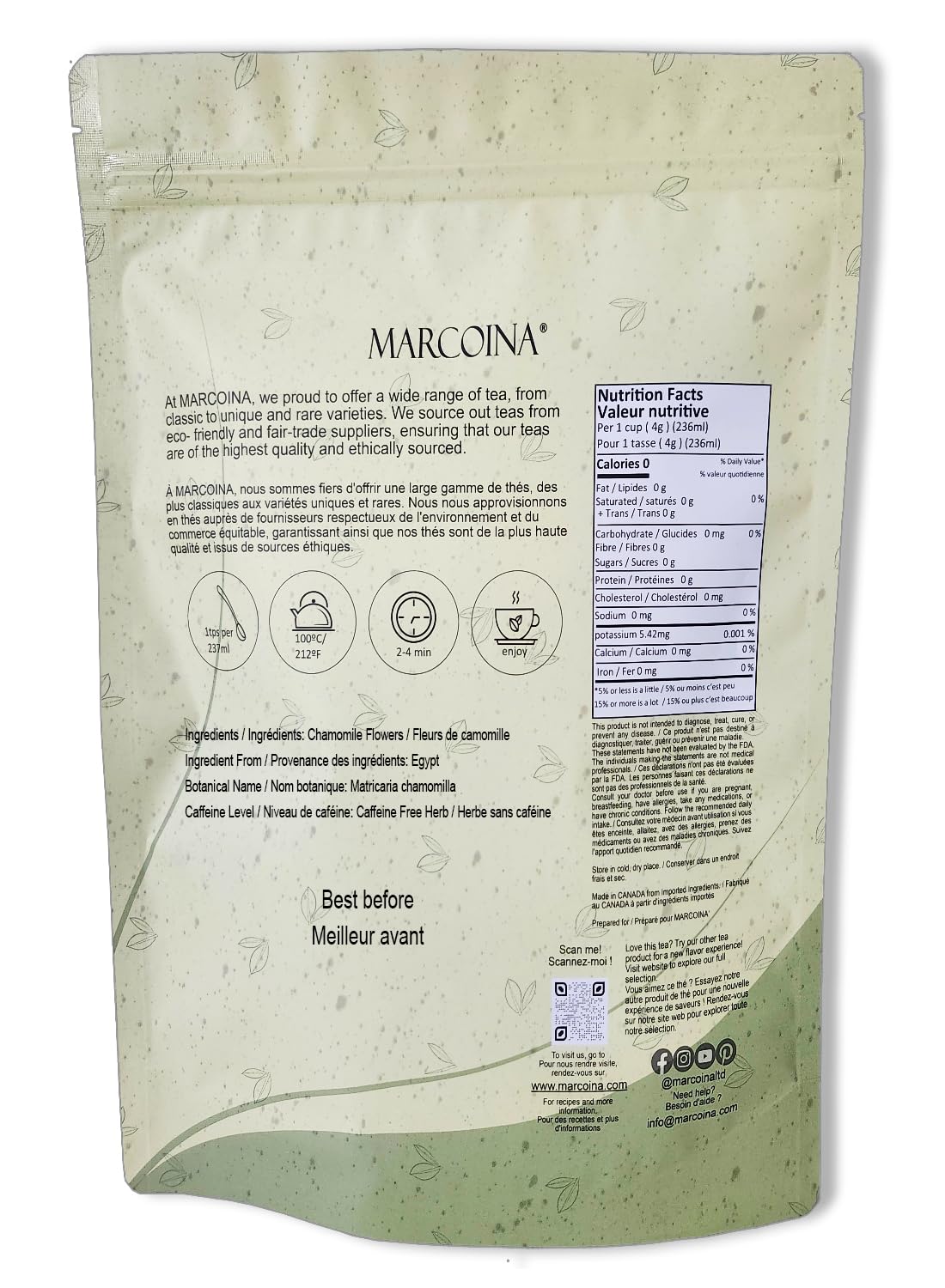 MARCOINA - Pure Chamomile Herbal Tea 113g - Whole Flowers, Loose, Caffeine-Free, Resealable Bag (4oz) - 5