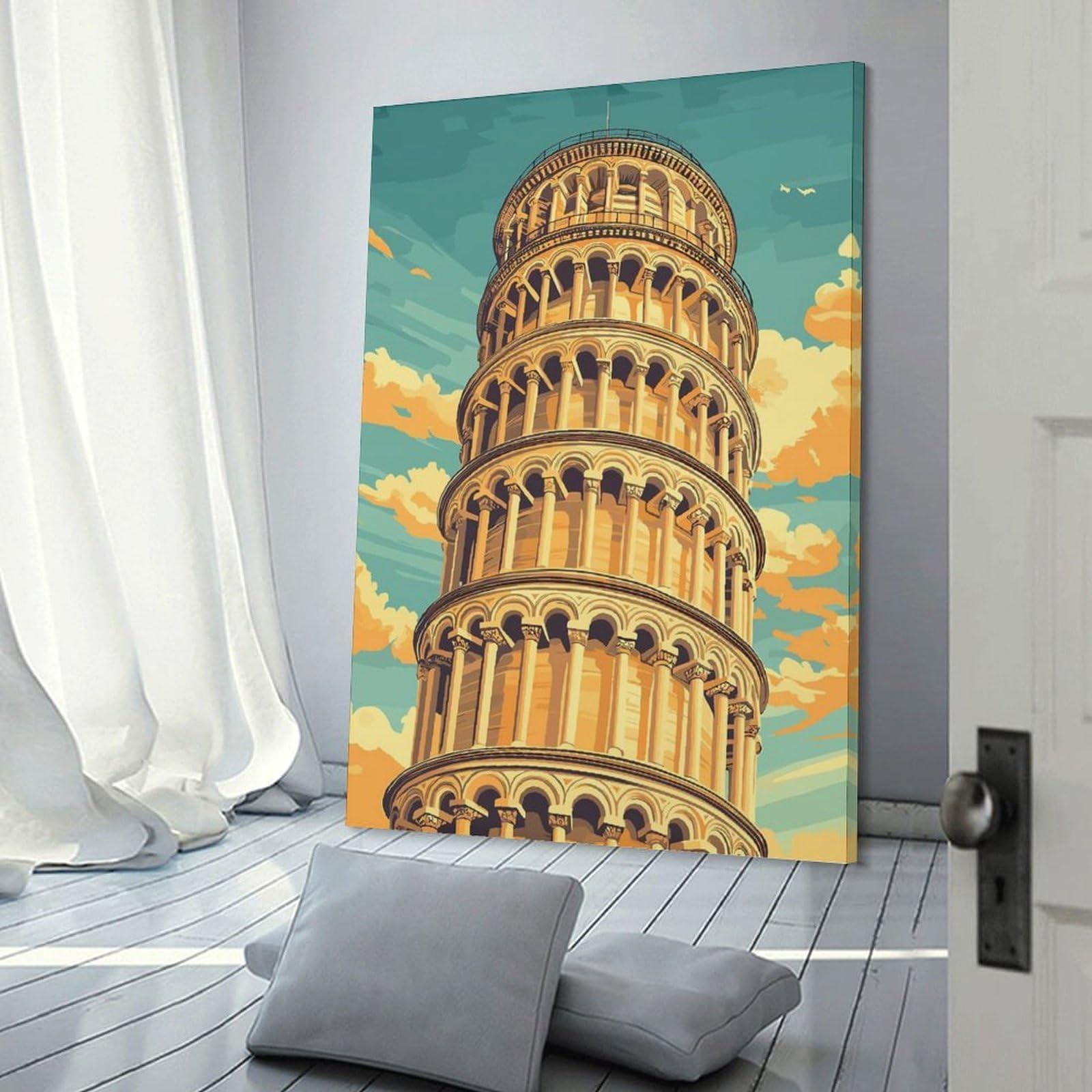 Junmoney Frame-Style-9 Leaning Tower Of Pisa Hanging Wall Art, 12X18inch(30X45cm), For Gallery Wall Decor And Room Displays, Home Wall Art For Statement Displays