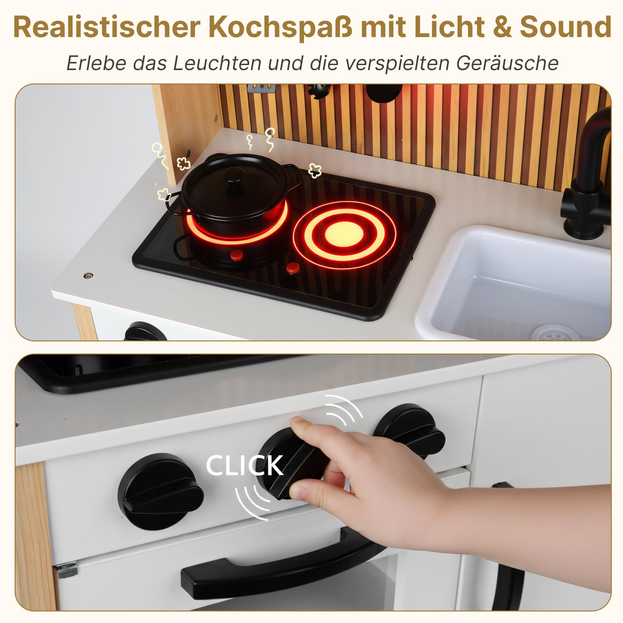 Kinderküche aus Holz mit Licht & Sound – Spielküche mit Zubehör, Herd, Backofen, Spüle, Mikrowelle – Moderne Holzküche für Kinder ab 3 Jahren, GS0070