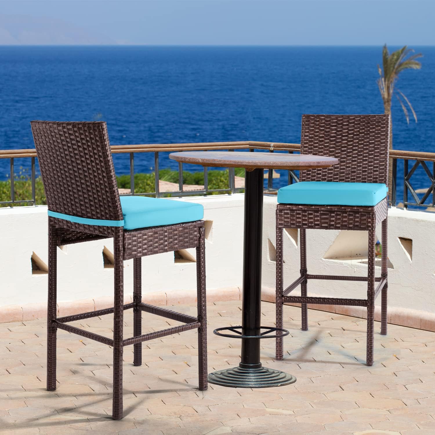 Outdoor Patio Stools & Bar Chairs Set of 2 Wicker Woven Outdoor Bar Stools Bar Height Chairs High Back with Footrest Armless Cushion Blue All Weather Patio Seating for Garden Pool Lawn Backyard