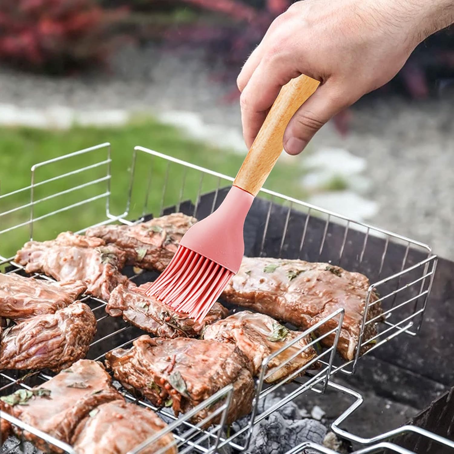 Silicon Basting Brush 2 Pack - Wooden handle High Temperature Resistance Silicone Grill Brush Soft Bristles Kitchen Silicon Brush Suitable For Sauce Marinades Cooking BBQ, 10.6x1.4inch (T01) : Patio, Lawn & Garden