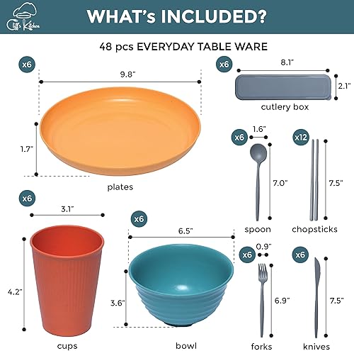 Miniatura 2 de Juego de vajilla de paja de trigo de 48 piezas para 6 piezas, juego de vajilla irrompible con platos grandes, cuencos y tazas, sin BPA, ligero, apto