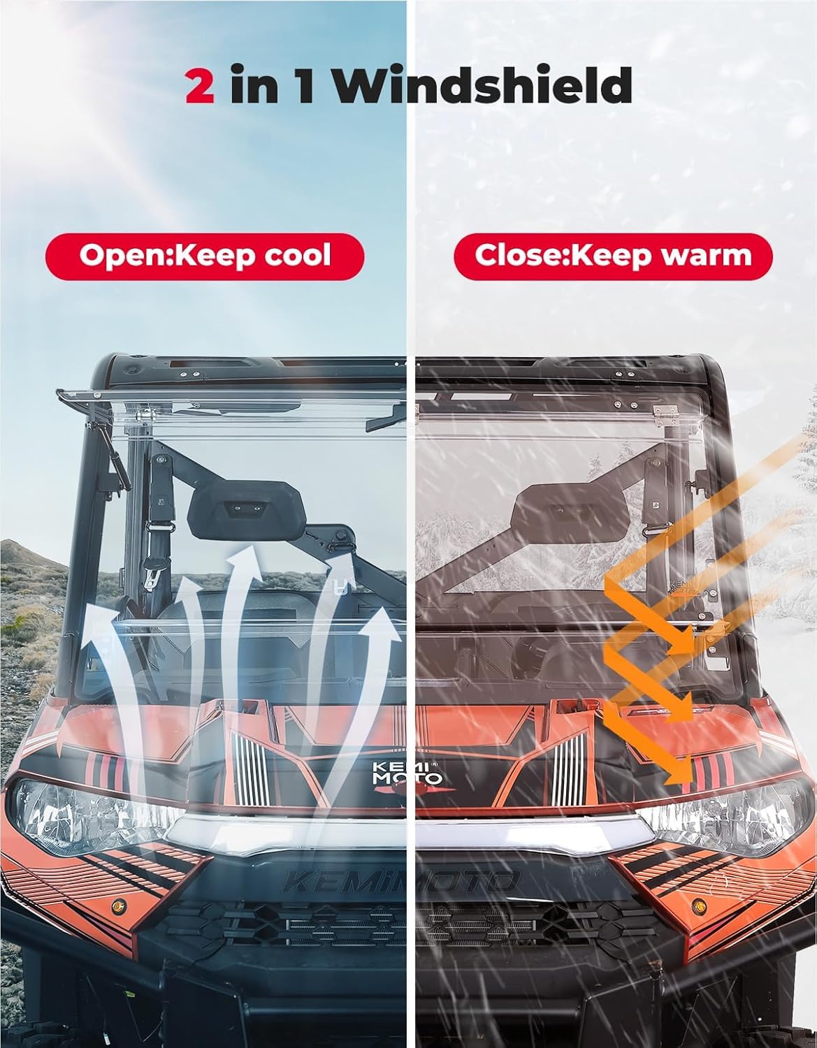 KEMIMOTO 2-IN-1 Flip Windshield Compatible with Ranger 1000, Scratch Resistant Fold Front Windshield Compatible with Polaris Ranger XP 900/1000/ Crew XP 1000/ Diesel 2014-2026 - Image 2