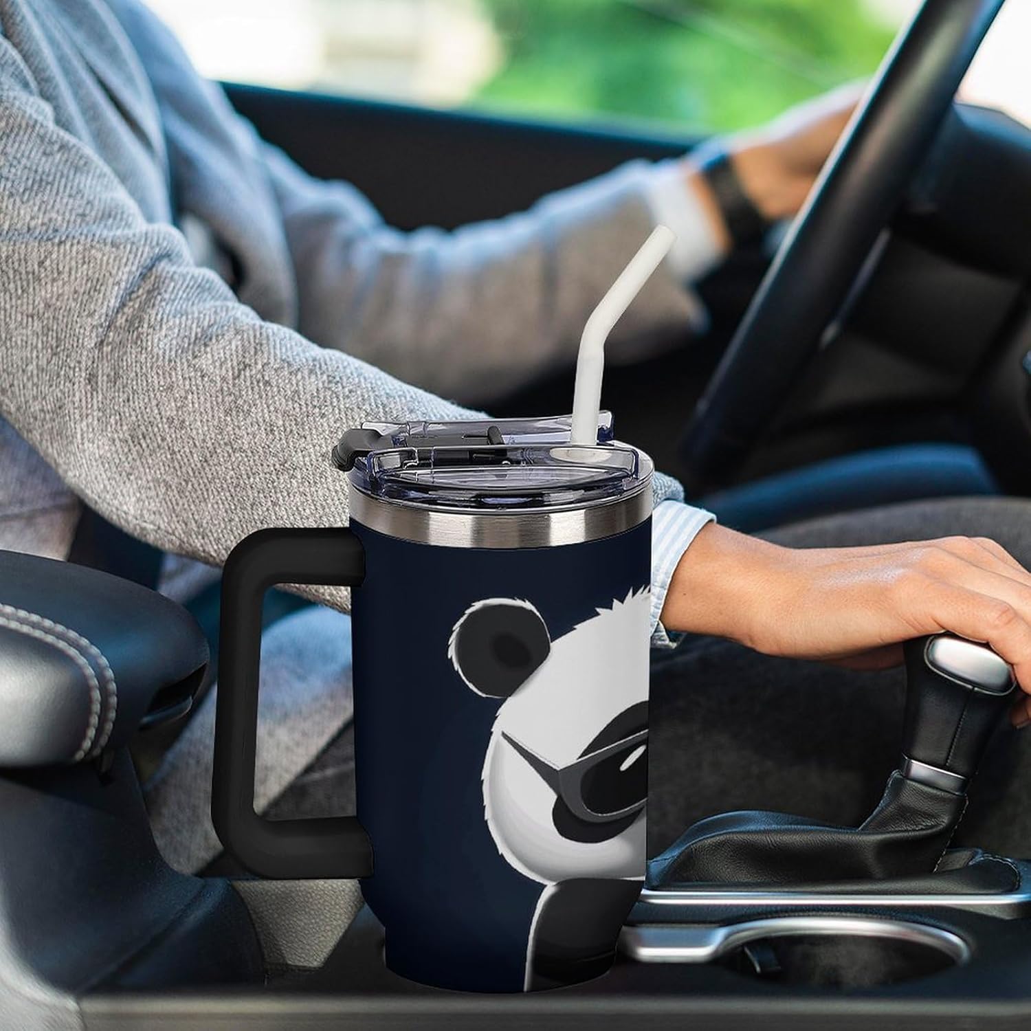 40 Oz Insulated Mug with Handle, Stainless Steel Cool Panda Printed Travel Mug Portable Leak-proof Large Car Mug for Home, Office Or Car