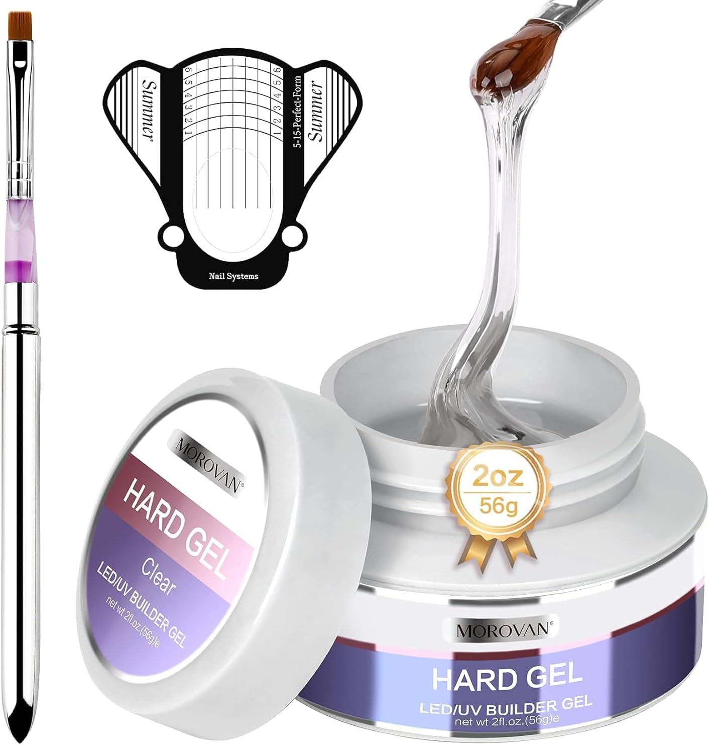 Morovan Clear Builder Gel for Nails: UV/LED Hard Gel Kit - 2oz Strong 3D Sculpting Extension Strengthen Professional Art Manicure Set with Forms & Brush Supplies