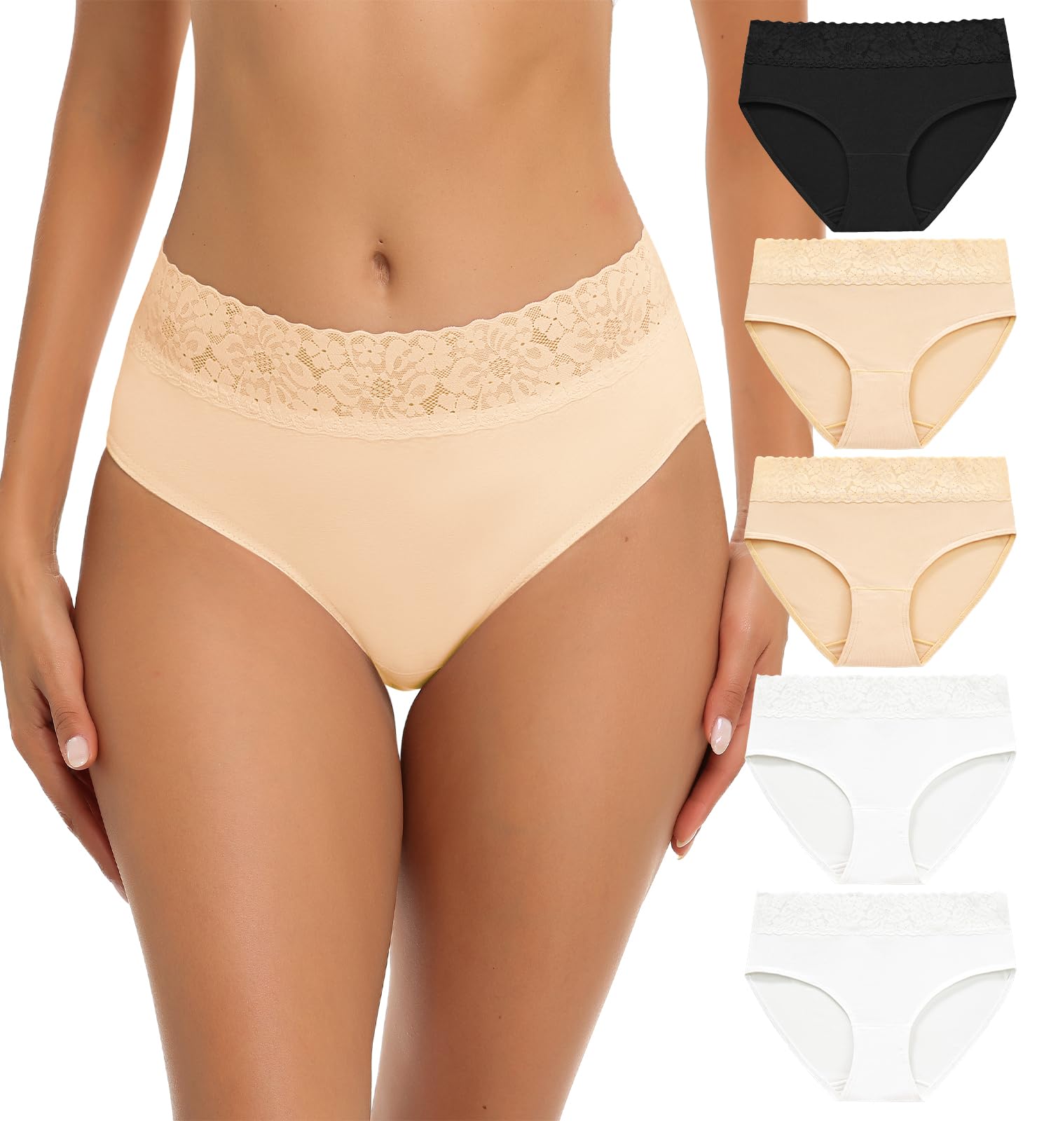 Wealurre Damen Unterhosen Baumwolle Slip Damen Unterwäsche Spitze Unterwäsche Frauen Höschen 5er Pack (6004 B/W/S,M)