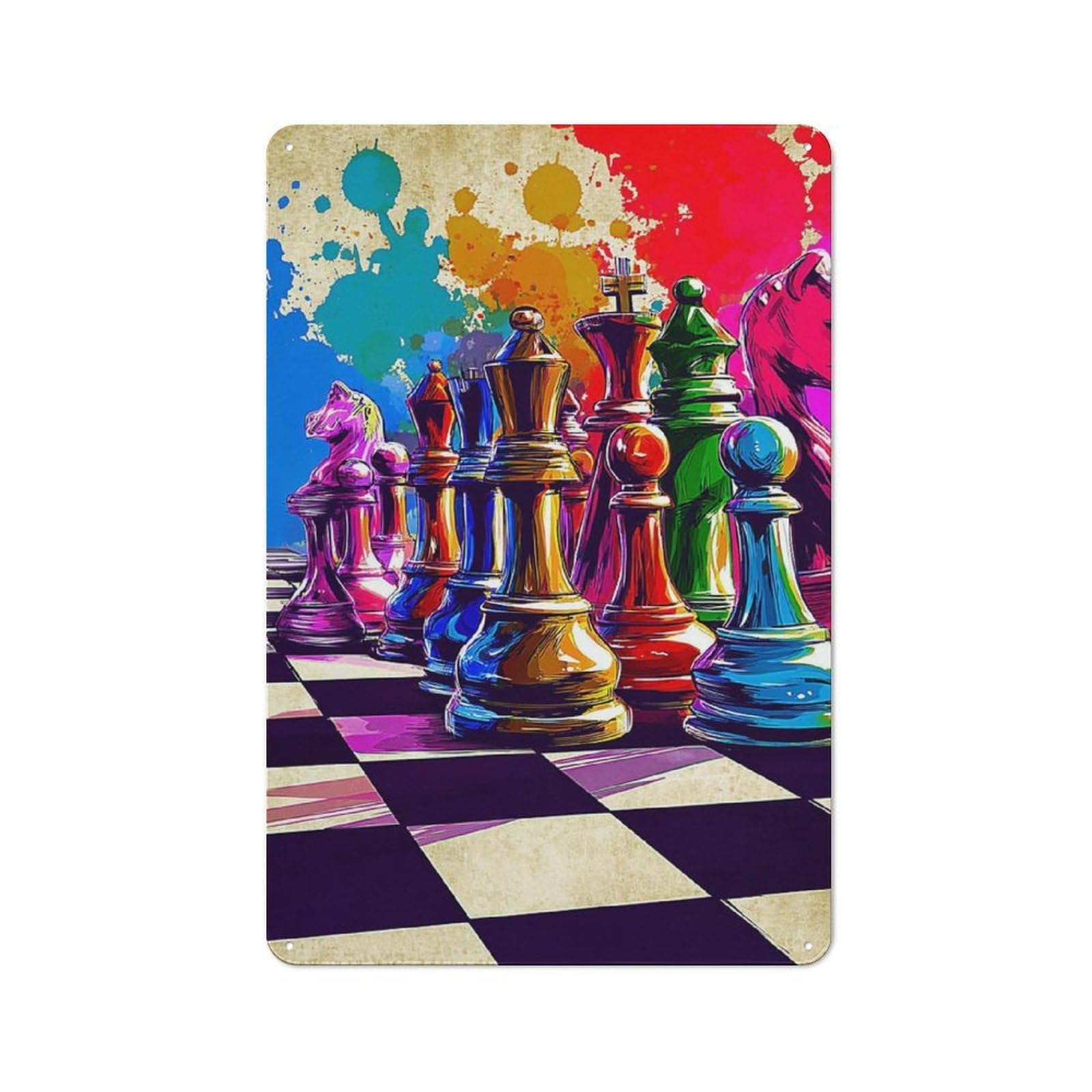 Junmoney Colorful Chess Pieces On Vibrant Background Vintage Bistro Metal Sign 30X20cm, Bistro Wall Plaque For Takeaway, Bar, Kitchen Or Counter Area