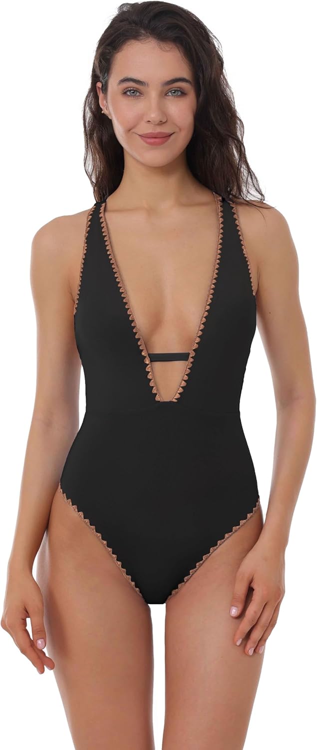 Lucky Brand Womens Marbella Maillot One Piece Swimsuit, Plunge Neck, Bathing Suits for Women