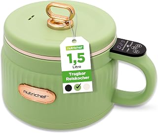 NutriChef 1.6 QT Tragbarer Elektrischer Reiskocher & Lunch Maker | Multifunktional & Antihaft-Keramikbeschichtung | Digitales Bedienfeld | 6 Kochfunktionen: Reis, Suppe, Eintopf, Brei & mehr | Grün