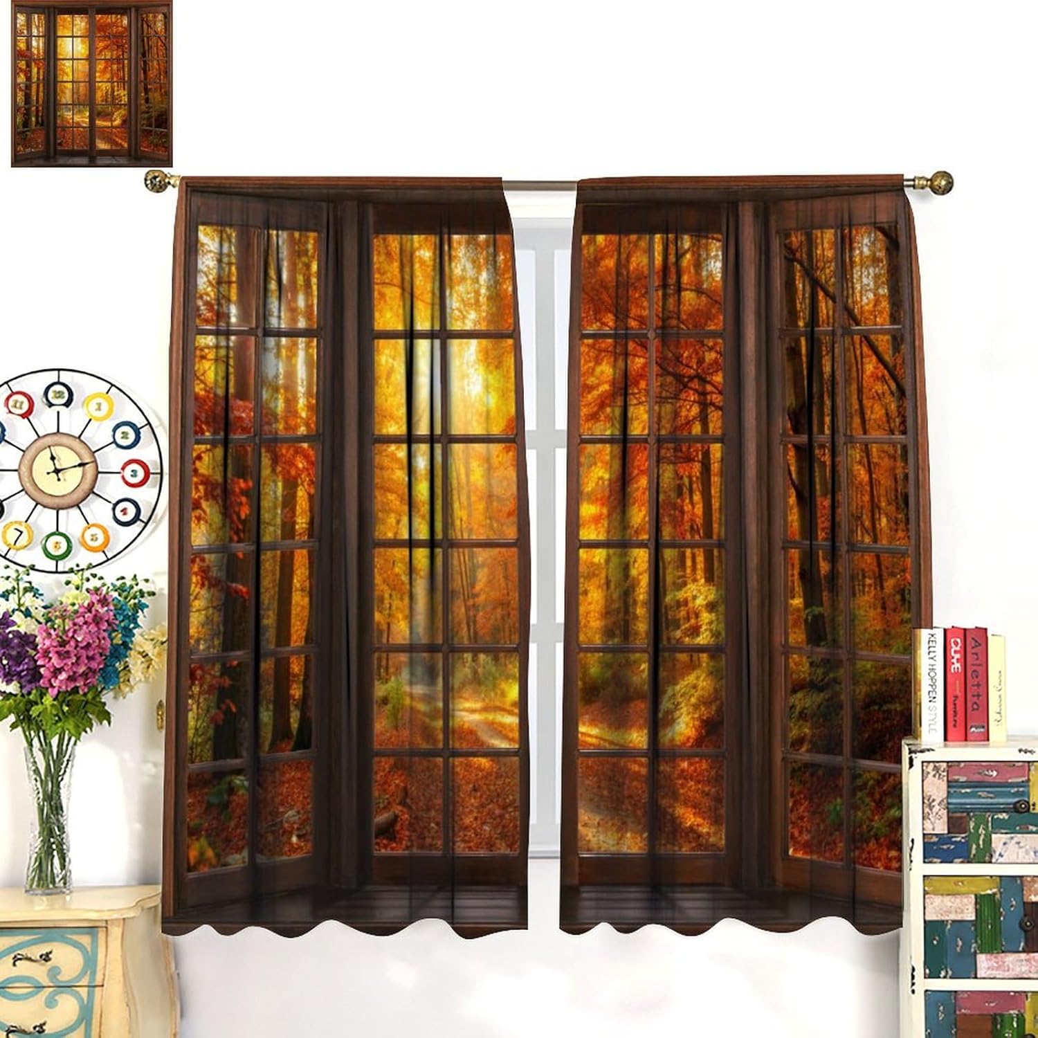 Autumn Landscape Curtains, Mountain Path Maple Leaves Fallen Leaves Window Treatments for Kitchen Home Bedroom Living Room Drapes 72x63 Inch