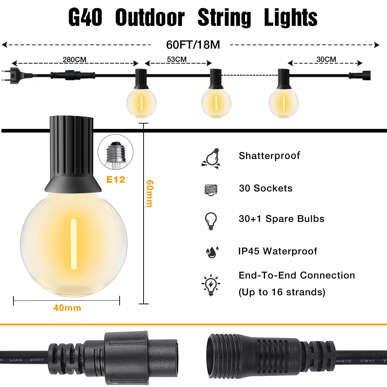 Guirnalda Luces Exterior, 18M/60FT G40 Luces de Cadena para Exteriores, con 30+1 Bombillas LED G40 de Globo, IP45 Jardin Impermeables para Patio,Trasero, Boda, Fiesta, Exterior