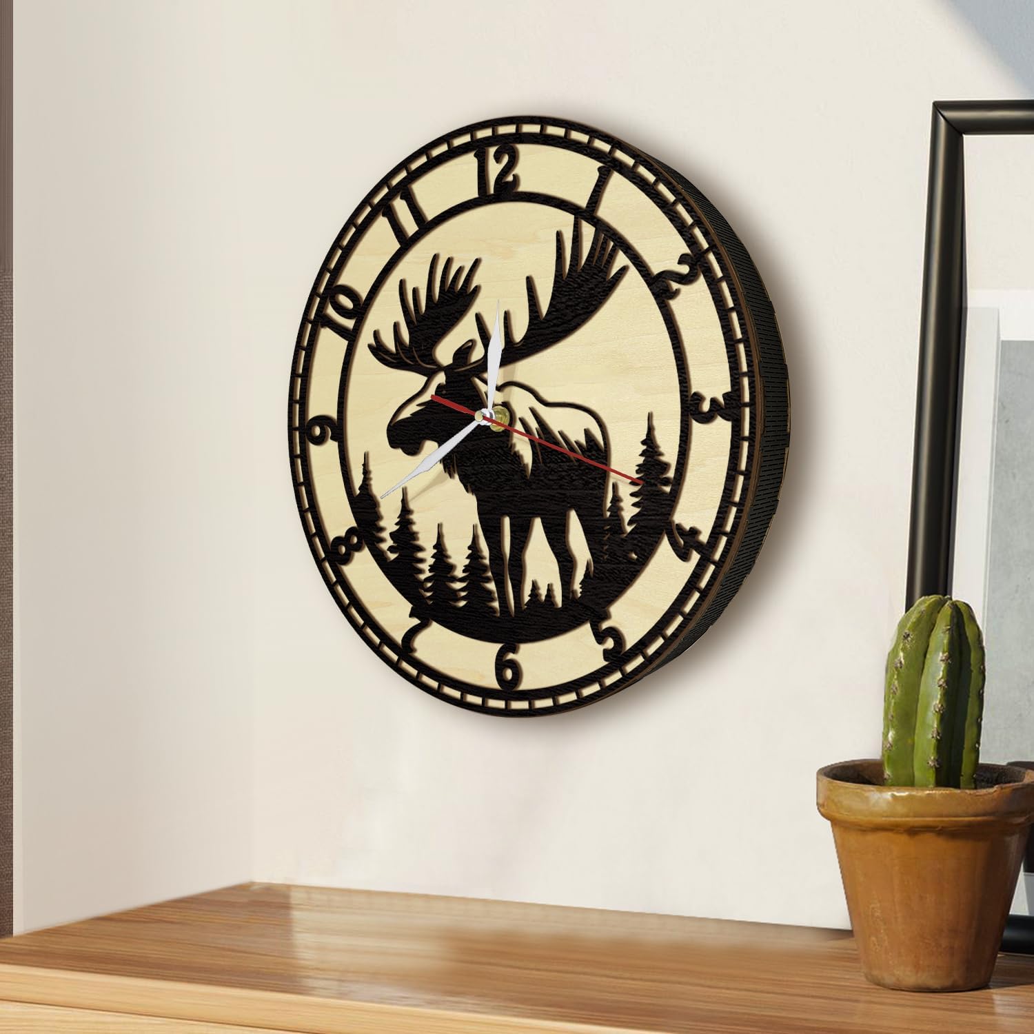 12 Inch Cabin Wood Moose Wall Clock, Farmhouse Antlers Wooden Wall Clock Forest Wildlife Mountain Lodge Decorative Rustic Clock Battery Operated Silent for Bedroom Kitchen