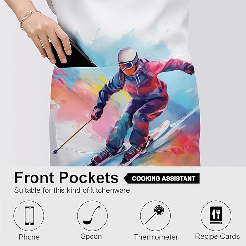 Miniatura 5 de Skier Watercolor Adult Apron Personalized Cooking Aprons Kitchen Bib with Adjustable Neck And Pockets