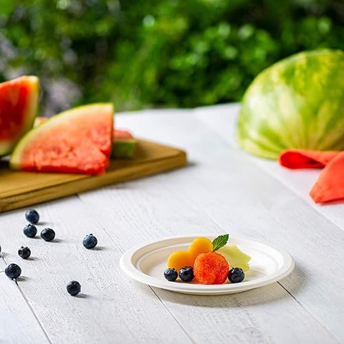 Miniatura 5 de GUSTO Paquete de 125 platos de papel blanco y de caña de azúcar de 7 pulgadas, 100% compostables, ecológicos, biodegradables desechables, (paquete