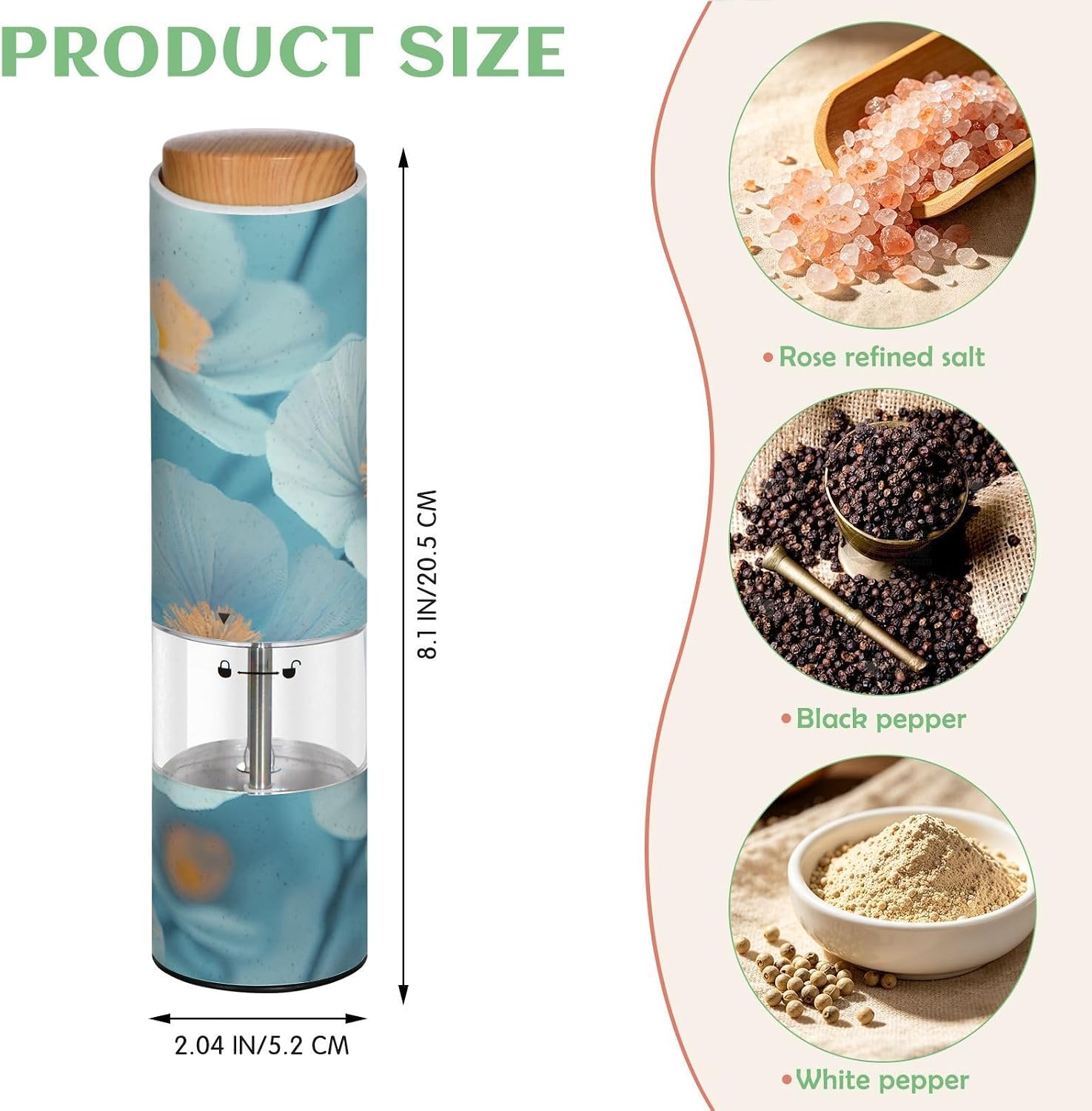 ALAZA Electric Pepper Grinder with Adjustable Coarseness, Blue Flowers Plants Floral Battery Automatic Salt and Pepper Mill with Led, One-Handed Operation Spice Grinder for Kitchen, Camping & BBQ