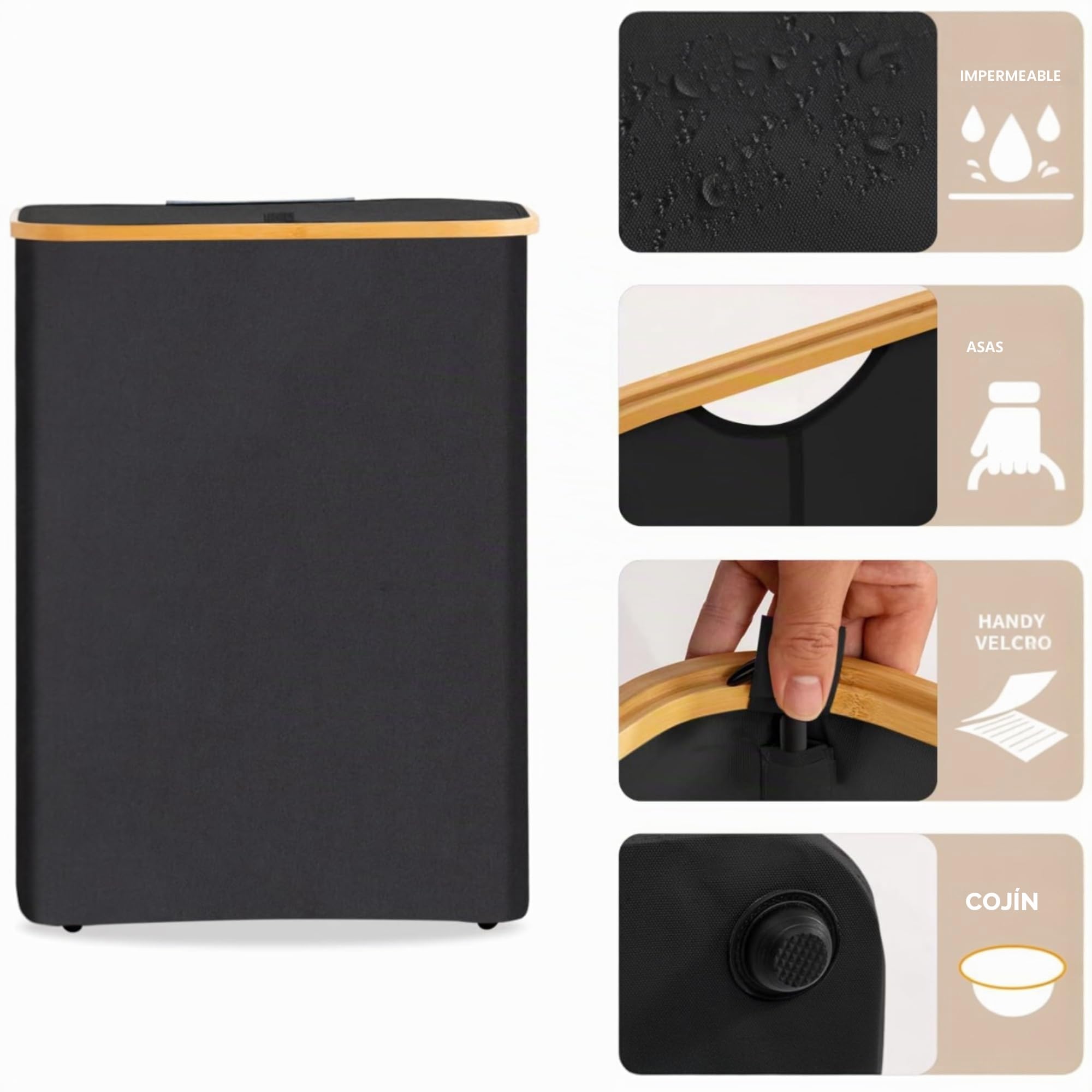 Cesto de Ropa Sucia de Bambú con Tapa y Asas - 1 o 2 Departamentos-Plegable,Bolsa Interior Lavable Máquina-Solución Elegante y Práctica para la Lavandería cubo 150L (Tela 2 Departamento Azul Marino)