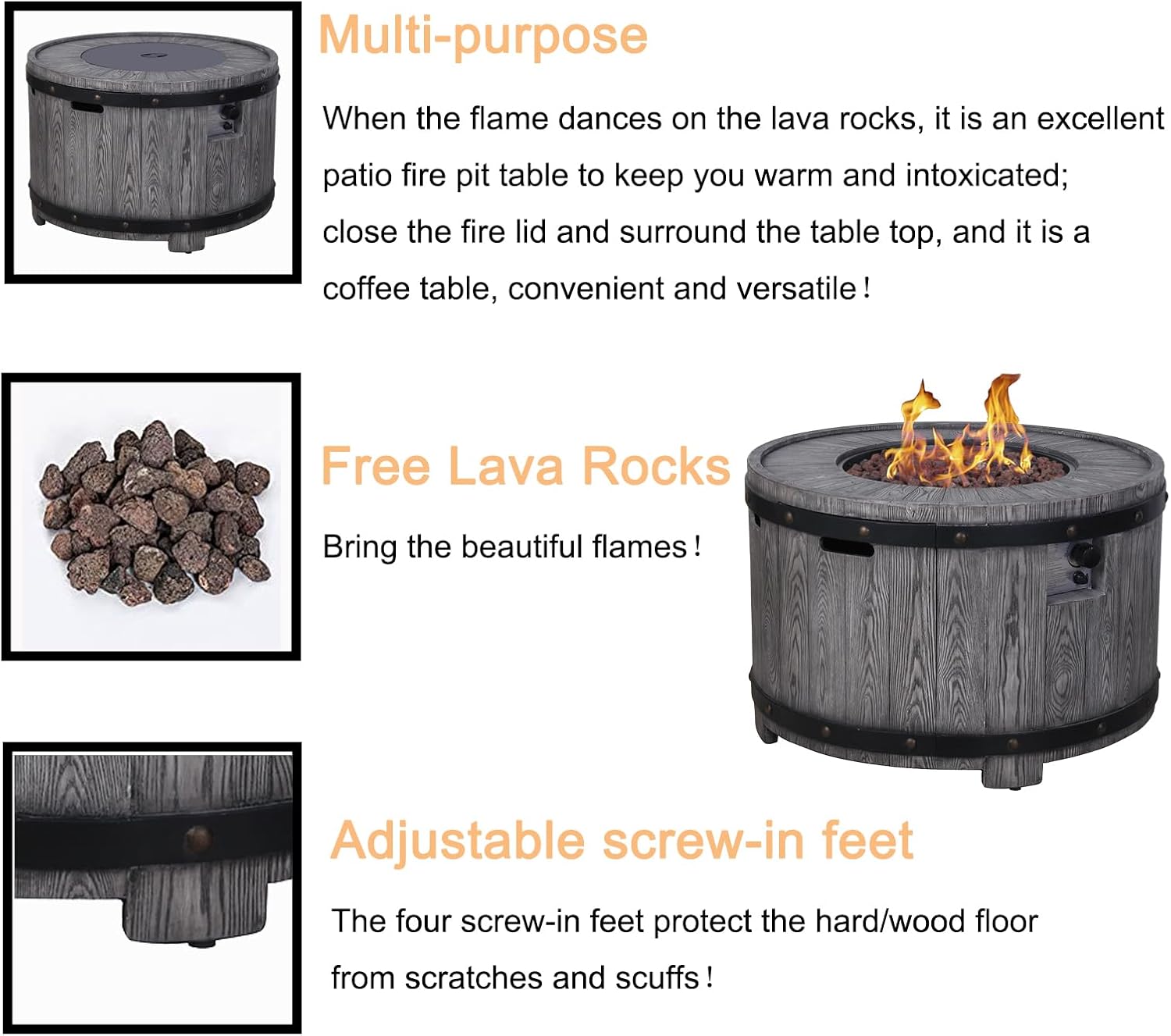 Afterglow Outdoor 36 inch Round TerraFdab Propane Fire Pit Table with flames and lava rocks.