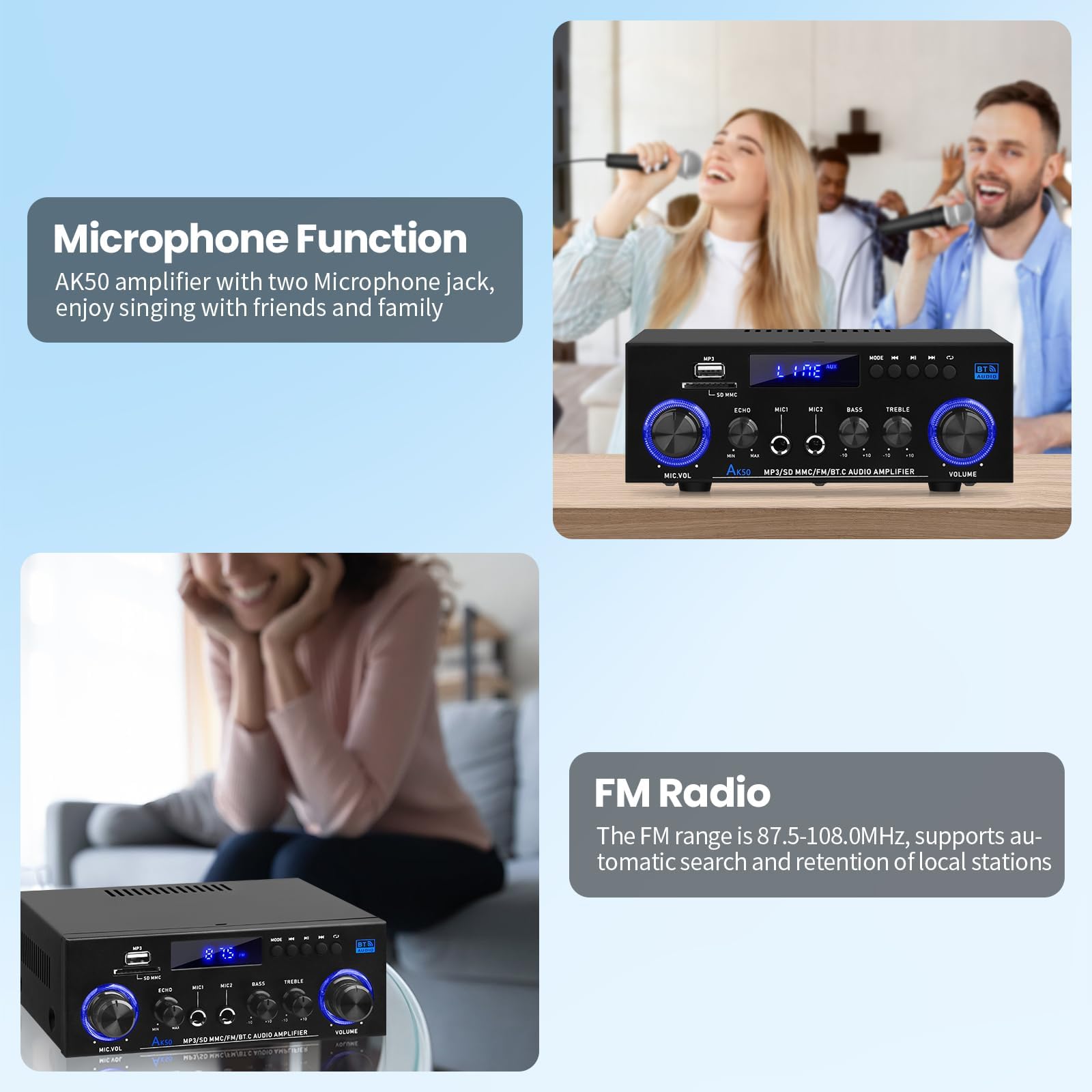 AK50 - Amplificador Hi-Fi con Bluetooth RMS 60WX2 - Amplificador de audio estéreo | Receptor de 2.0 canales, máx. 400 W, amplificador de altavoz con radio FM, eco, micrófono, USB, entrada SD para el hogar