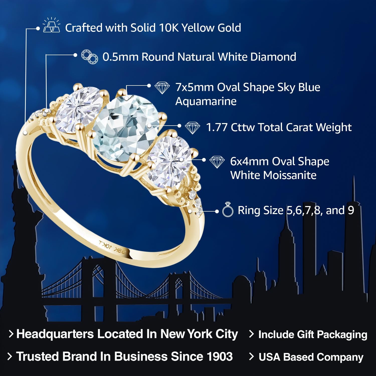 Gem Stone King 10K Yellow Gold Sky Blue Aquamarine White Moissanite and Diamond Accent 3-Stone Engagement Ring for Women | 1.77 Cttw | 3 Stone Wedding Anniversary Promise Ring