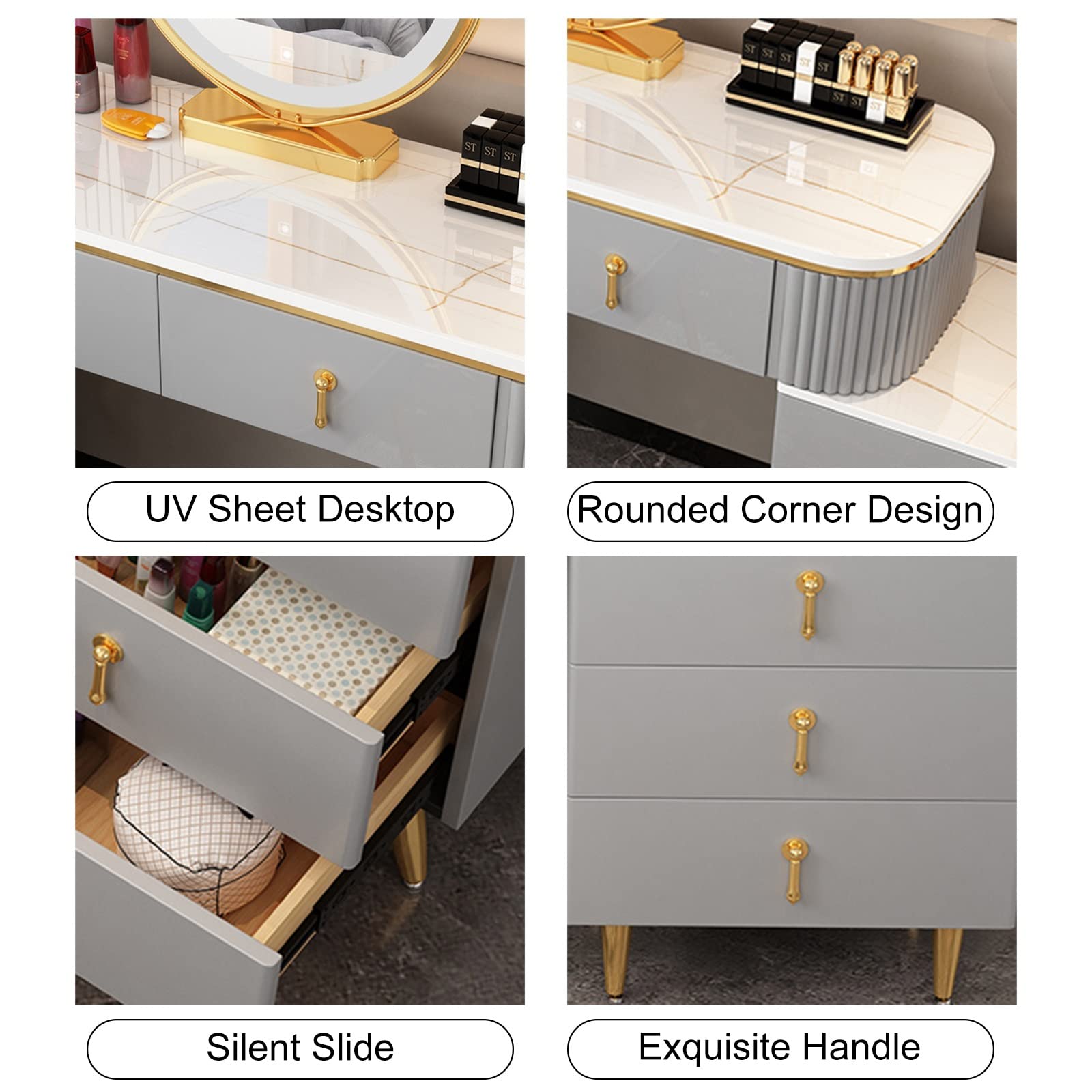 Modernes Schminktisch-Set mit LED-Lichtern, verstellbarer Schrank und gepolstertem Hocker, 3 Beleuchtungsmodi, Make-up-Tisch für Zuhause, Schlafzimmer, Studio (Grau + Schwarz, 100 cm/39)
