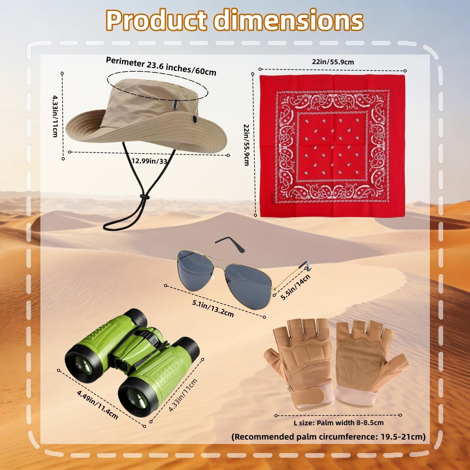 5Pcs Safari Explorer Costume Sun Hat with Scarf Binoculars gloves Outfit Accessories for Adults