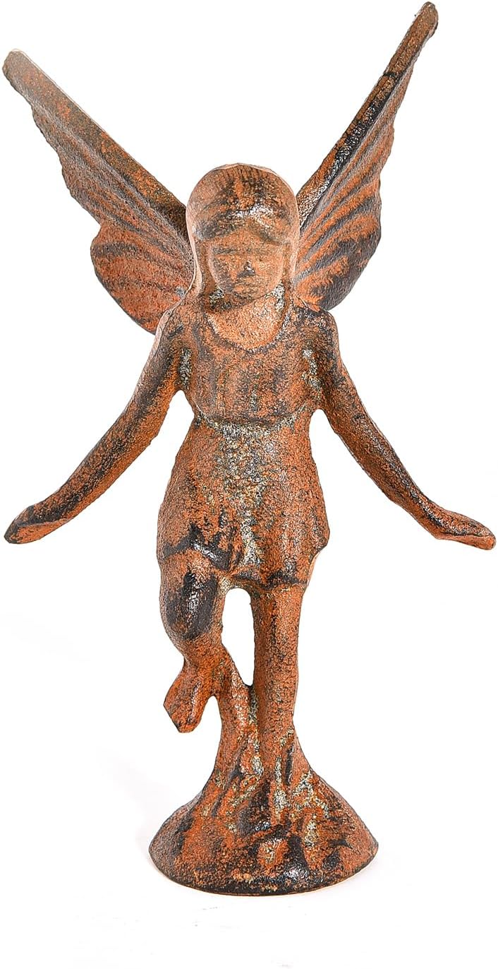 Sungmor Cast Iron Angel Statue, Rustic Brown Fairy Figurines, Creative Angel Pixie Collection Home Office Desk Decor, Indoor Outdoor Fairy Garden Accent Ornament