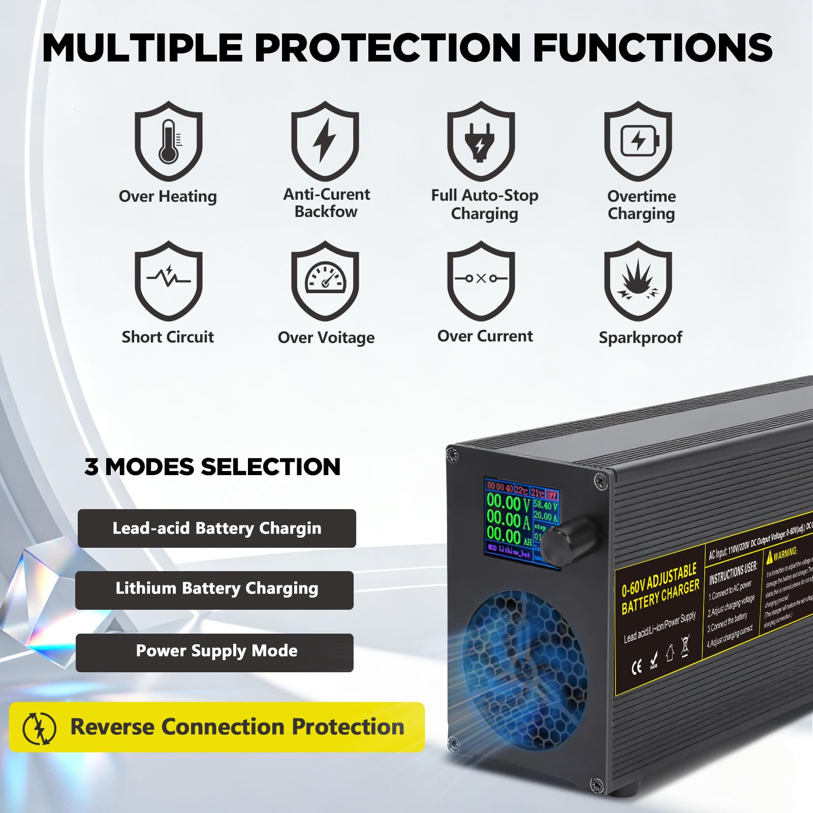 Cargador Universal Inteligente Ajustable de 60 V / 40 A para baterías de 12 V / 24 V / 36 V / 48 V LiFePO₄, Litio y Plomo-ácido, con Pantalla multifunción, Conector Anderson y Pinzas de cocodrilo