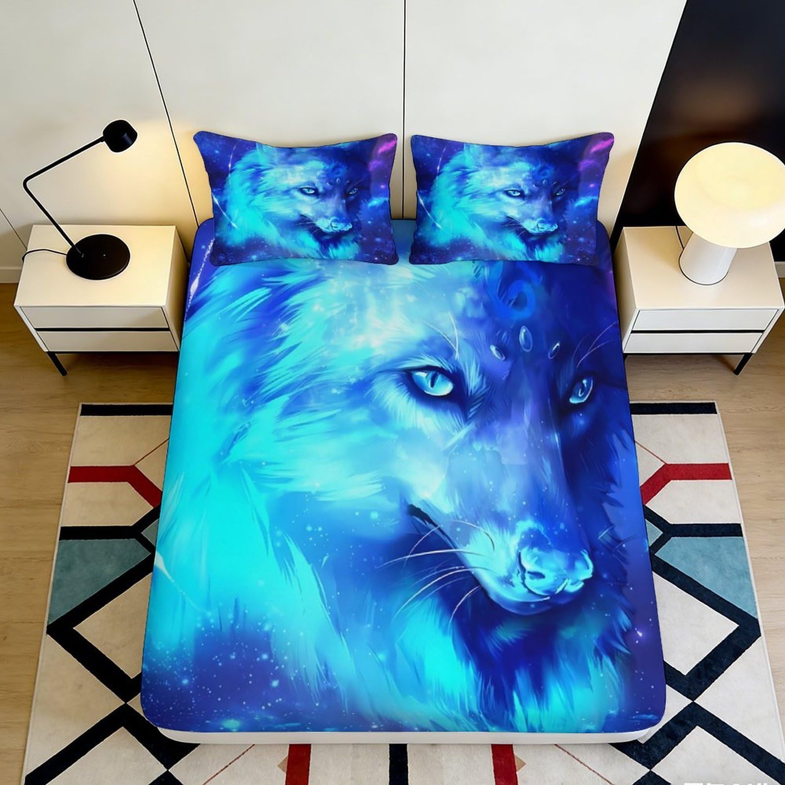 3D Printed Blue Wolf Fitted Sheet Microfiber Soft Mattress Cover for Bedroom Dorm Decor, Non-Slip Machine Washable 90x200x25cm